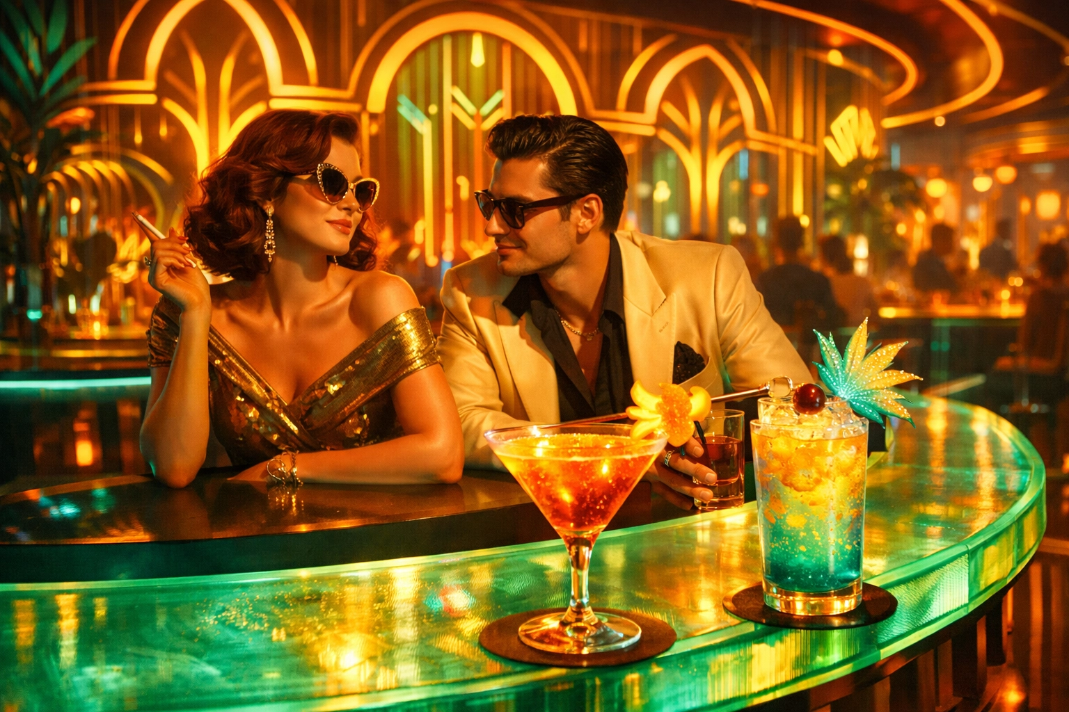 Two people meeting for a first date at a vibrant, public neon bar to establish comfort and safety.