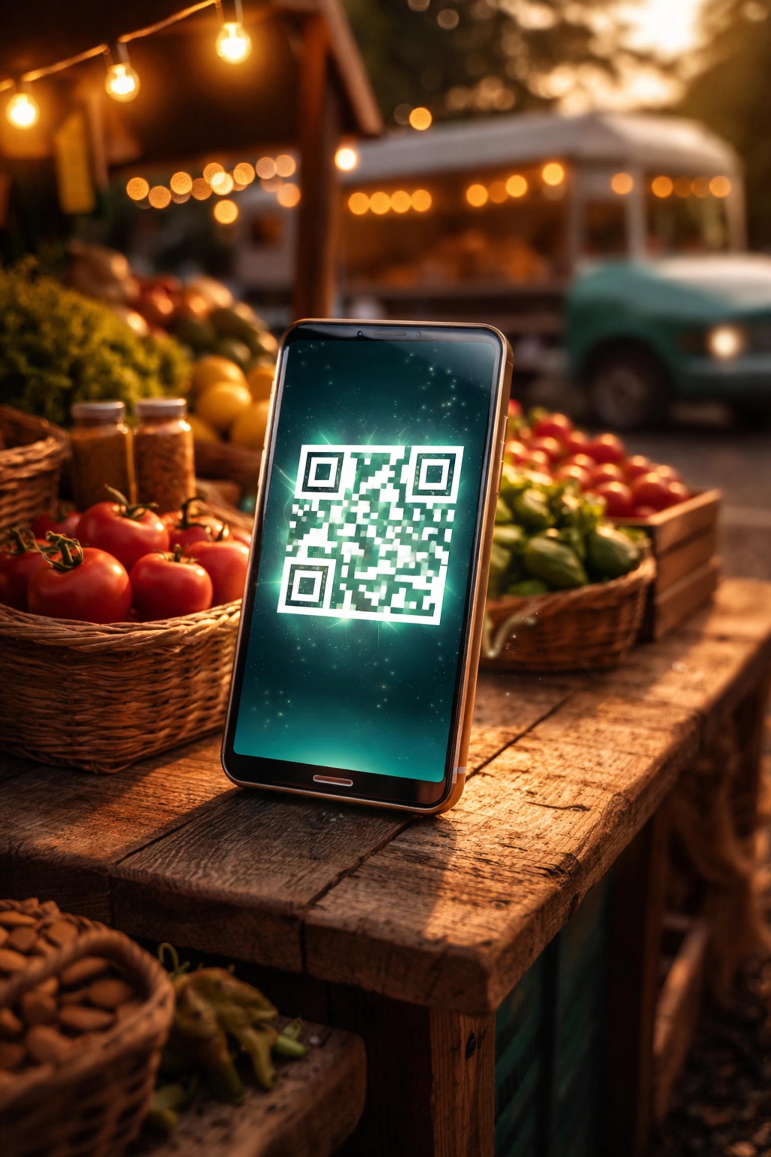 Smartphone with QR code at a market stall, showing crypto payment flexibility for small businesses.