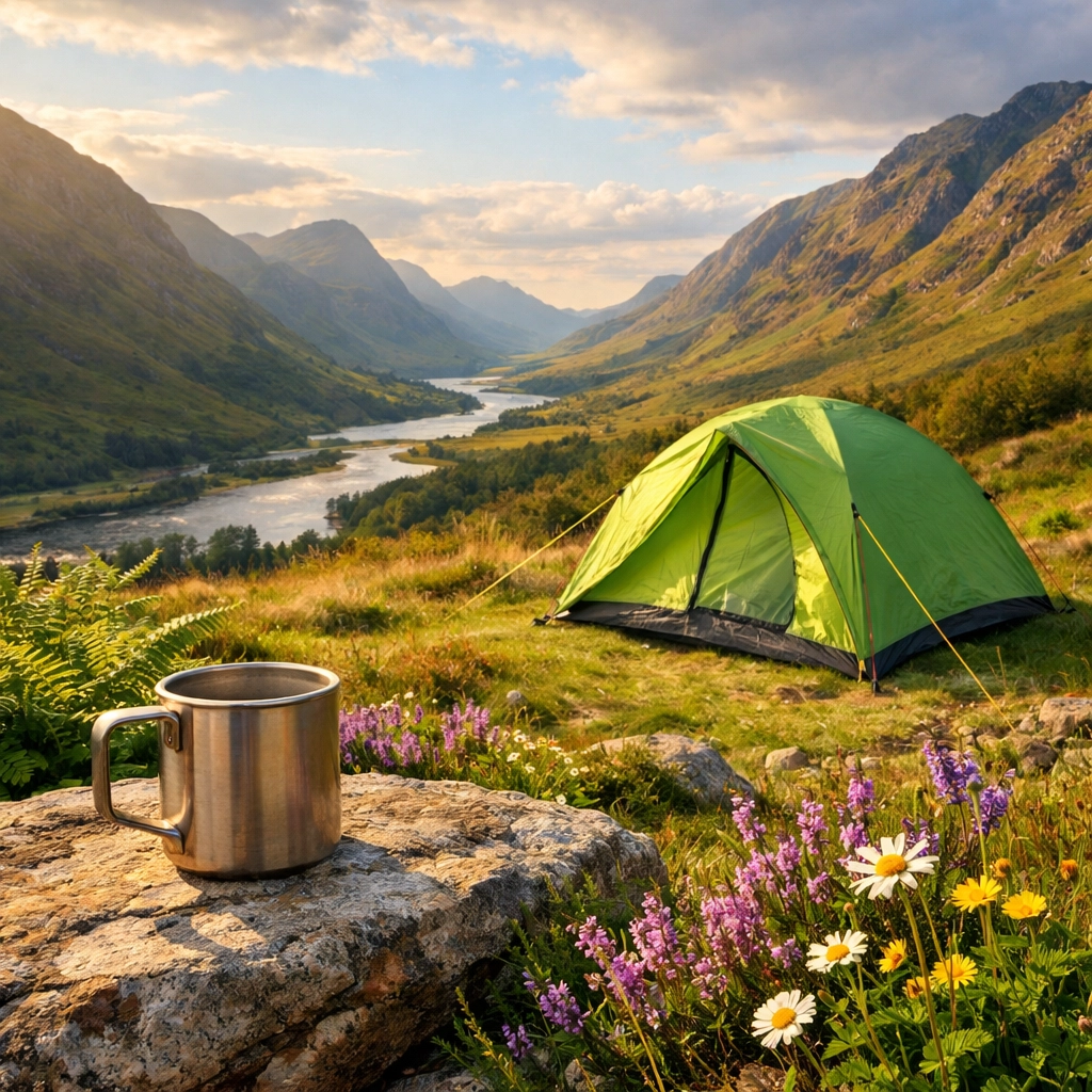 Wild camping guided UK setup with a tent overlooking a river in the Scottish Highlands.