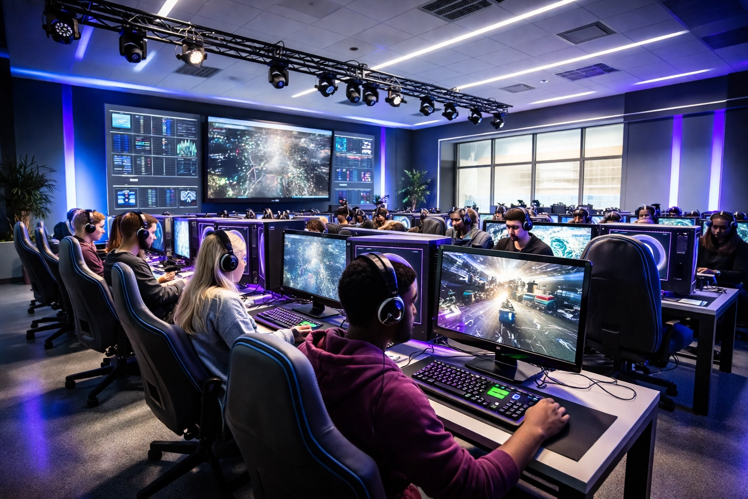 High school esports lab with students gaming and analyzing data, highlighting future-ready learning and career pathways.
