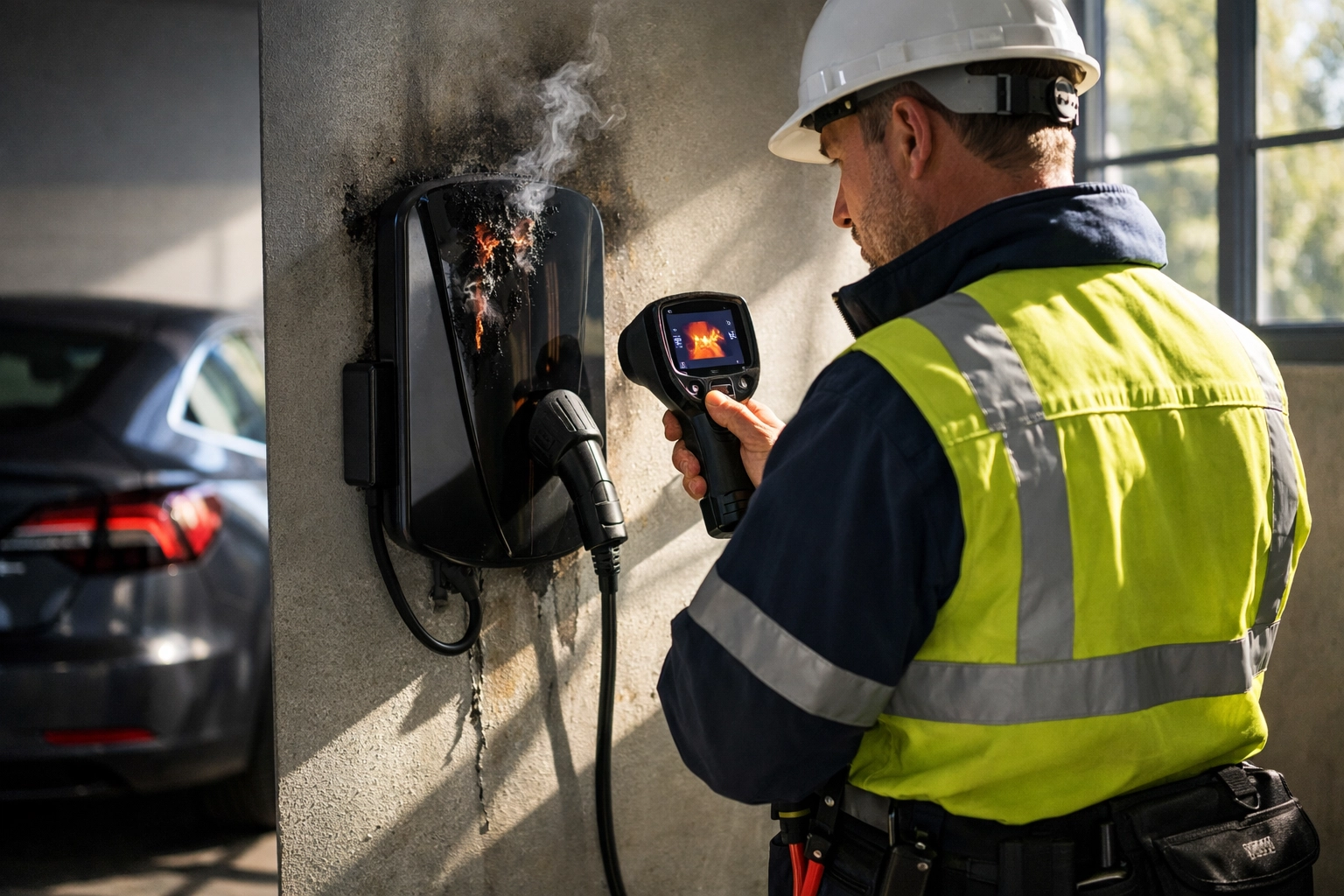 Professional electrician inspecting home EV charging unit in luxury garage with thermal camera