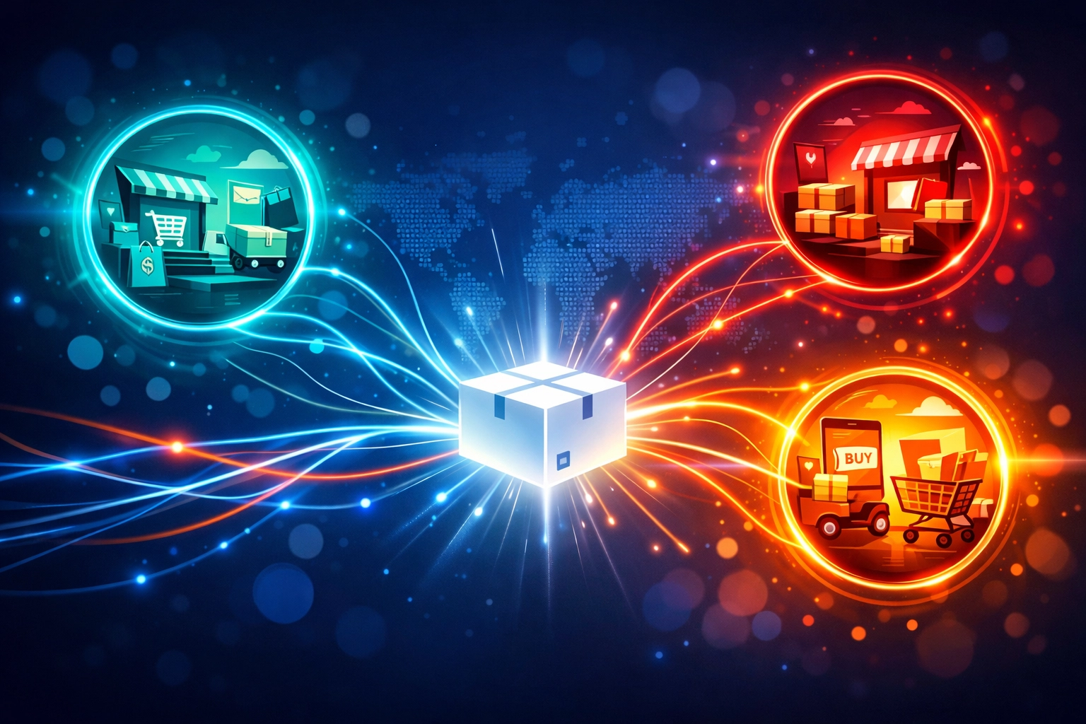 Automated crosslisting illustration showing a shipping box connected to multiple online marketplaces.