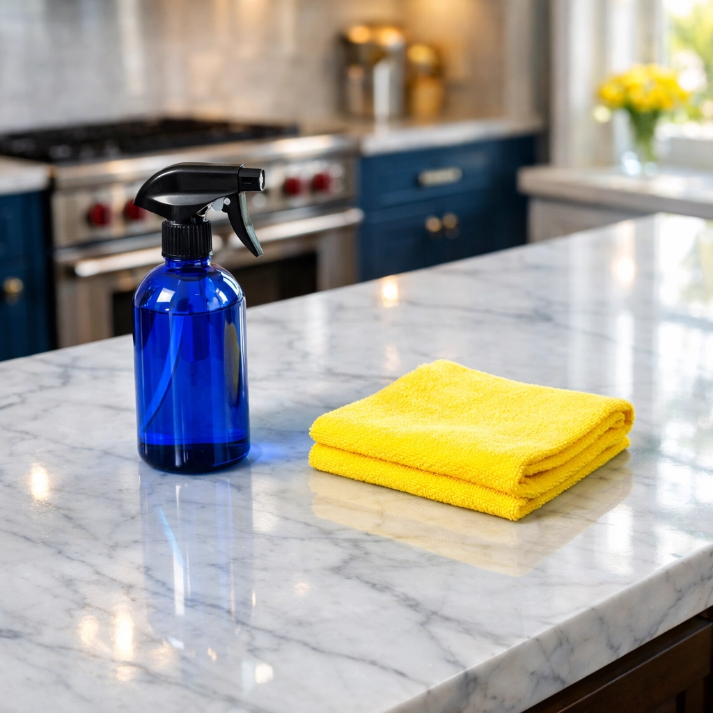 House cleaning in Westford featuring a polished marble kitchen counter and professional cleaning supplies.