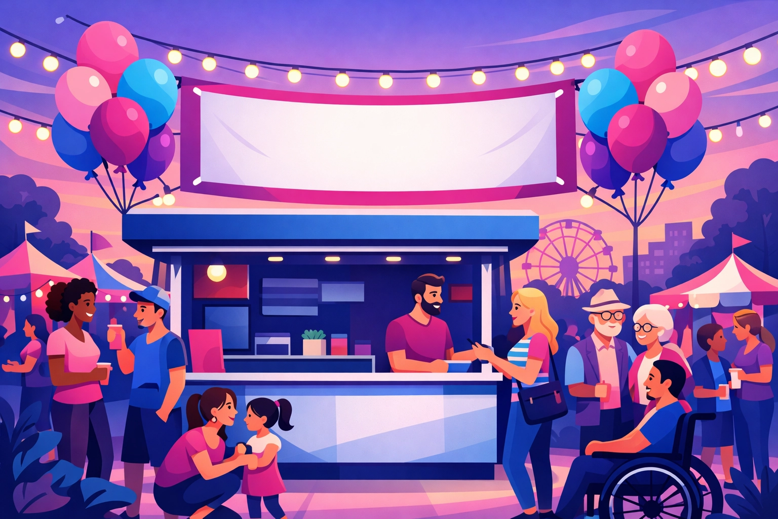 Small business sponsorship booth at a community festival representing local brand marketing.