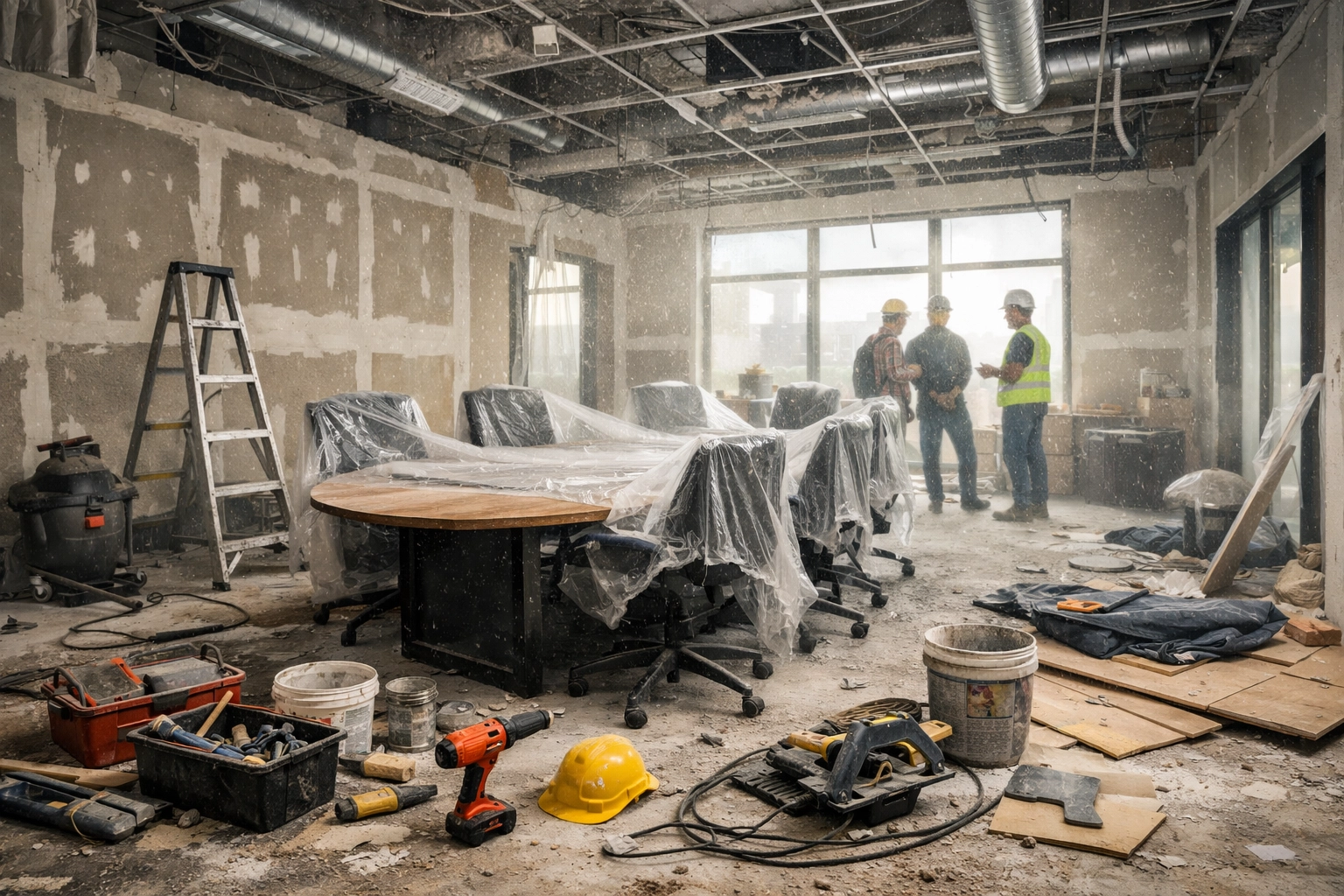 Conference room construction showing disruption and mess during traditional build-out