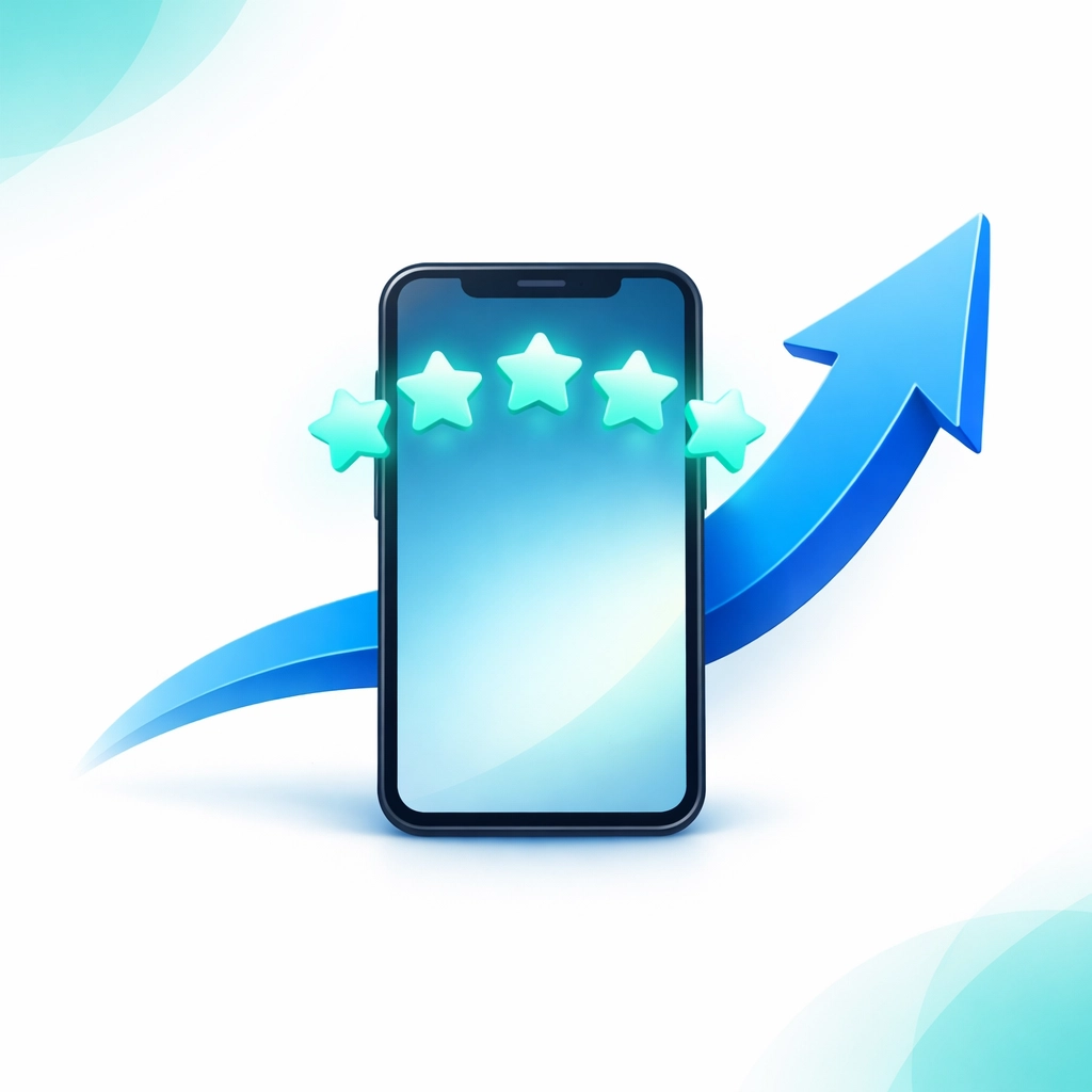 Five-star reviews on a smartphone with an upward arrow showing business growth through local SEO in Alpharetta.