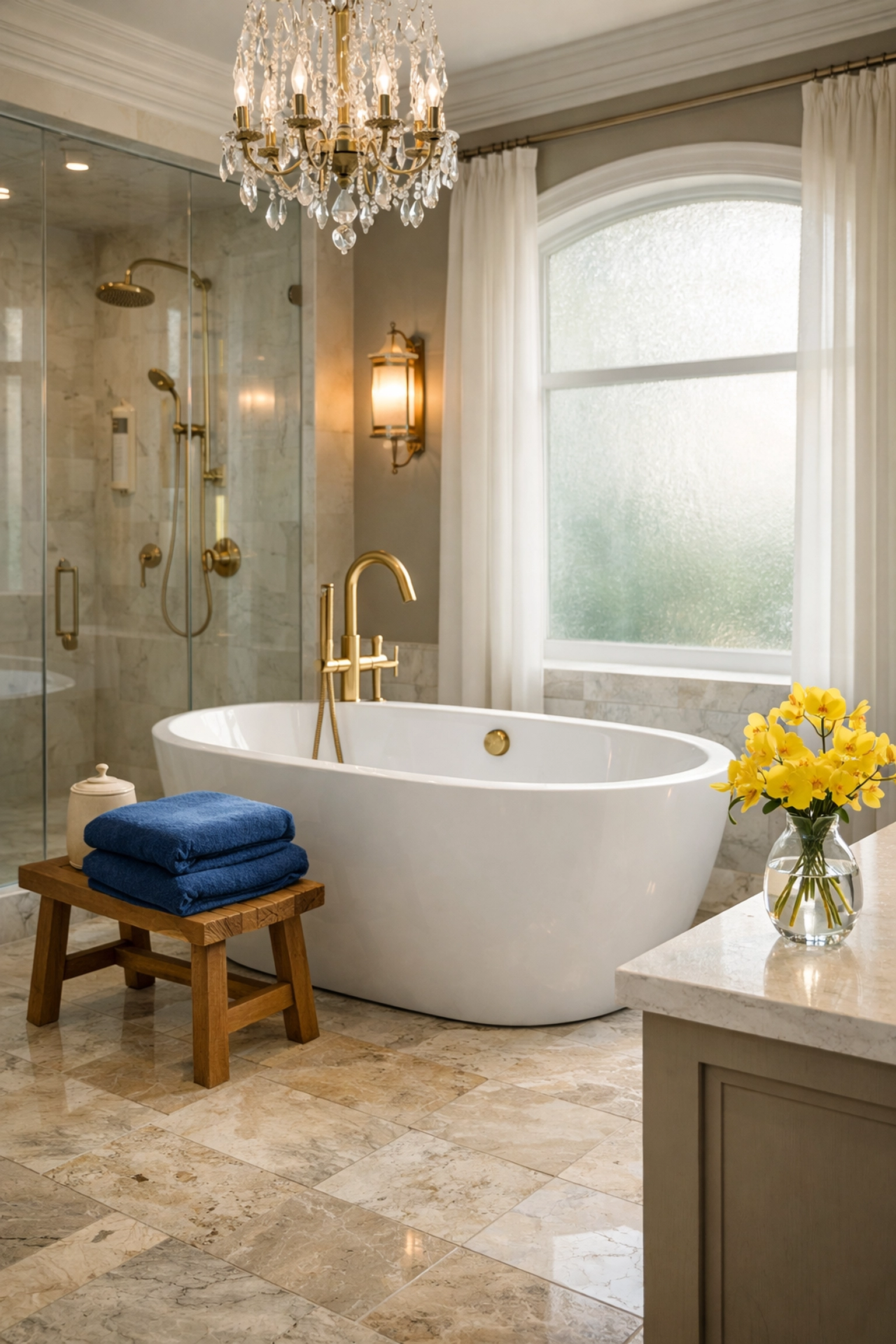 Sanitized luxury master bathroom with a white soaking tub and natural stone tile in a Carlisle home.