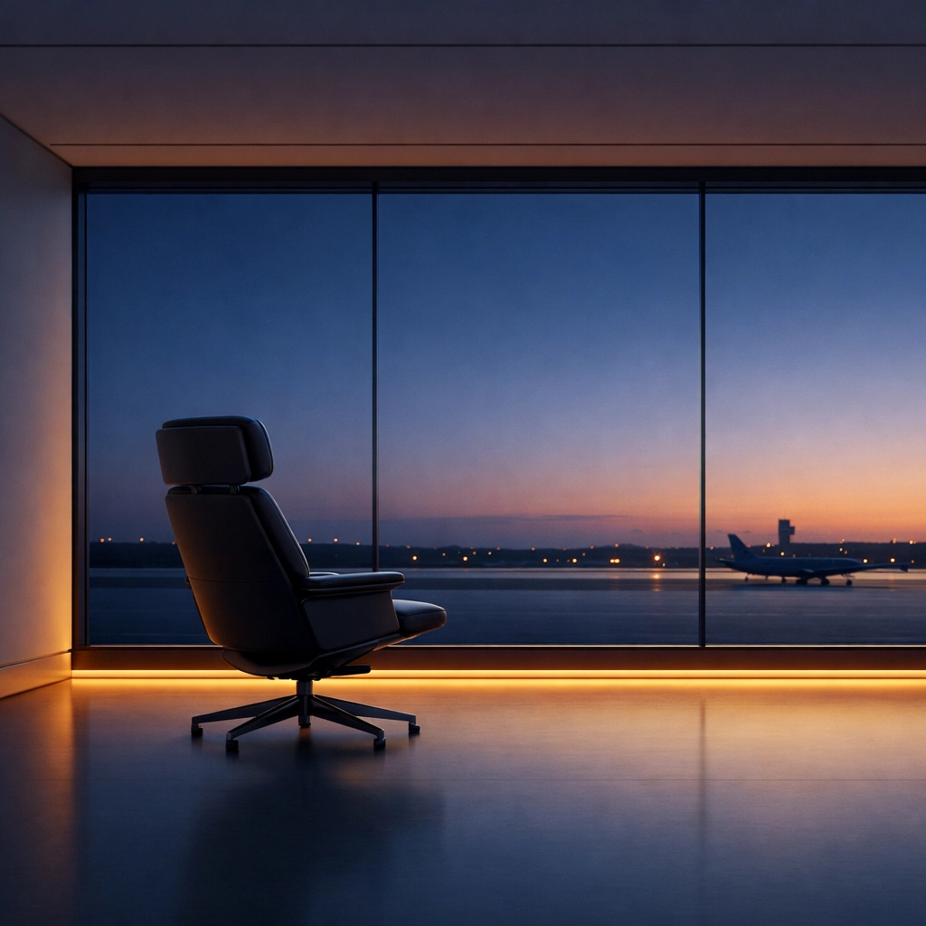 Peaceful airport lounge at dusk, representing corporate accountability and premium airline customer service.