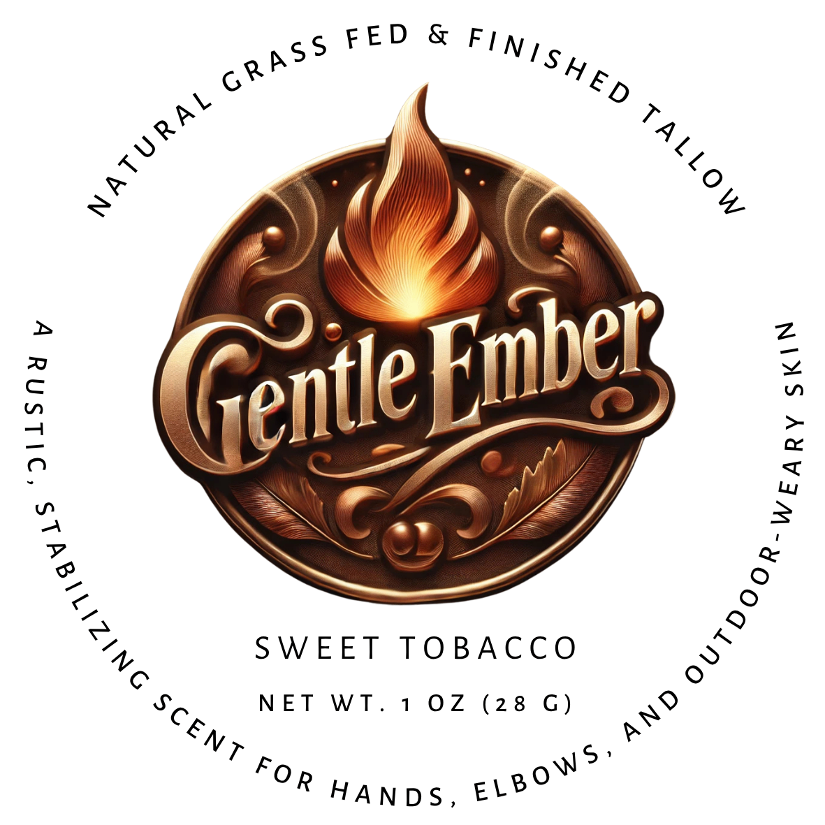 Gentle Ember Tobacco tallow balm tin with label on the front