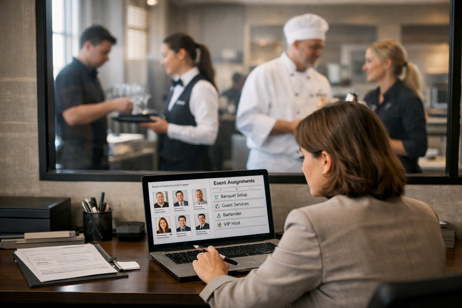 Hotel event coordinator planning strategic staff assignments for Indianapolis property