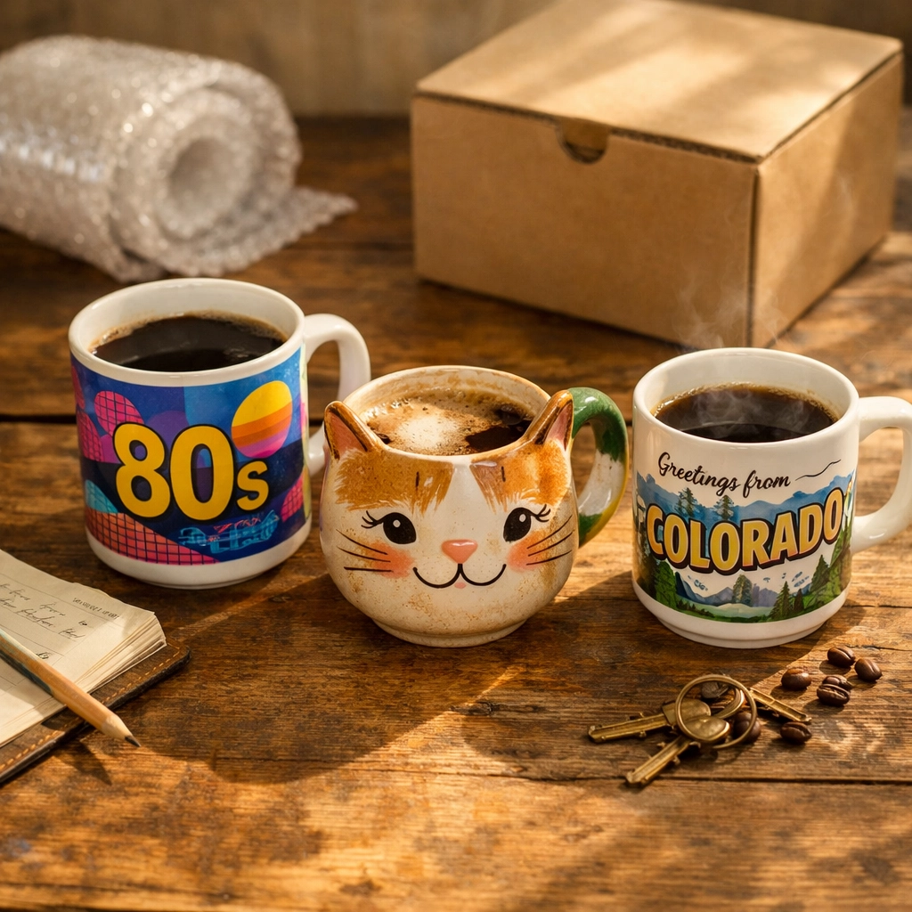 A collection of vintage and unique coffee mugs on a table ready for eBay shipping.