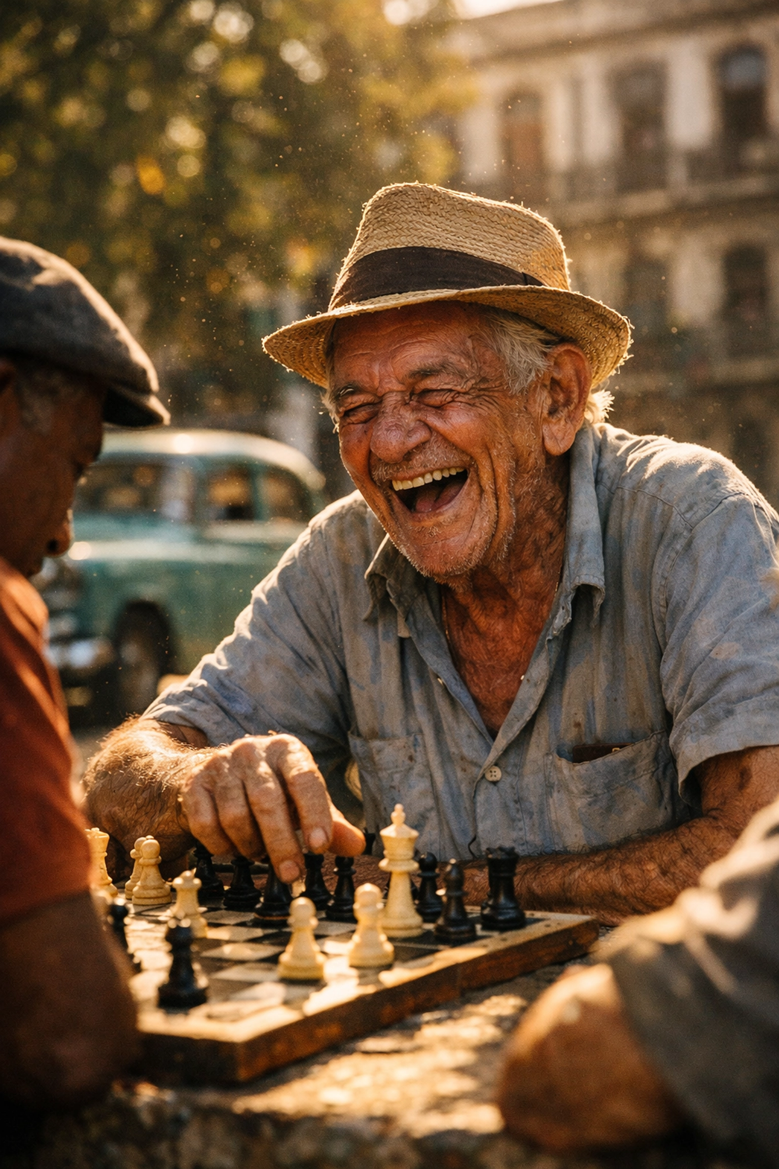 Does Authentic Photography Really Matter in 2026? (The Truth About AI vs. Art) 2 Candid street photo in Havana park, laughing man playing chess: authentic photography over AI