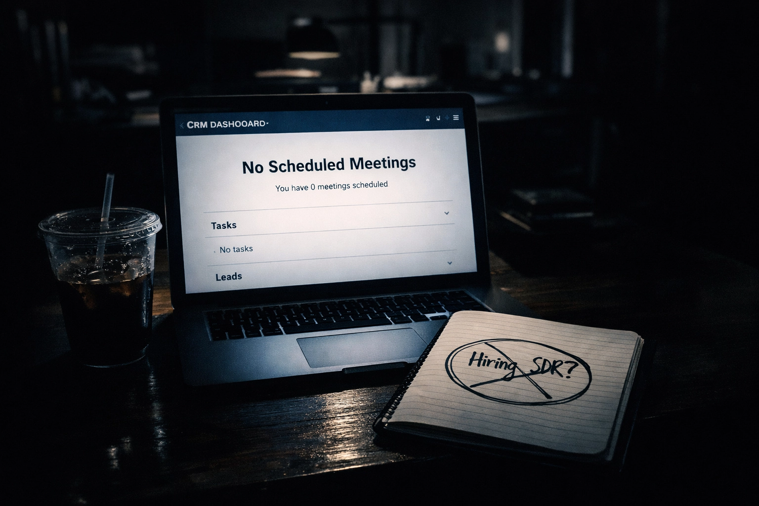 Founder's desk at night showing an empty CRM and a note deciding against hiring an SDR too early.