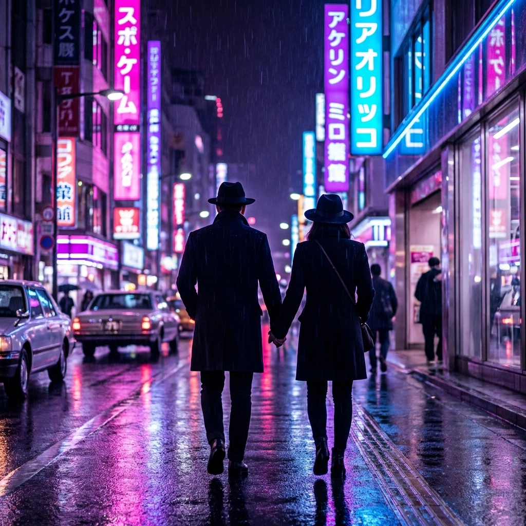 Couple strolling hand-in-hand on a neon city street at night, reflecting trust and comfort when discussing sexual desires.