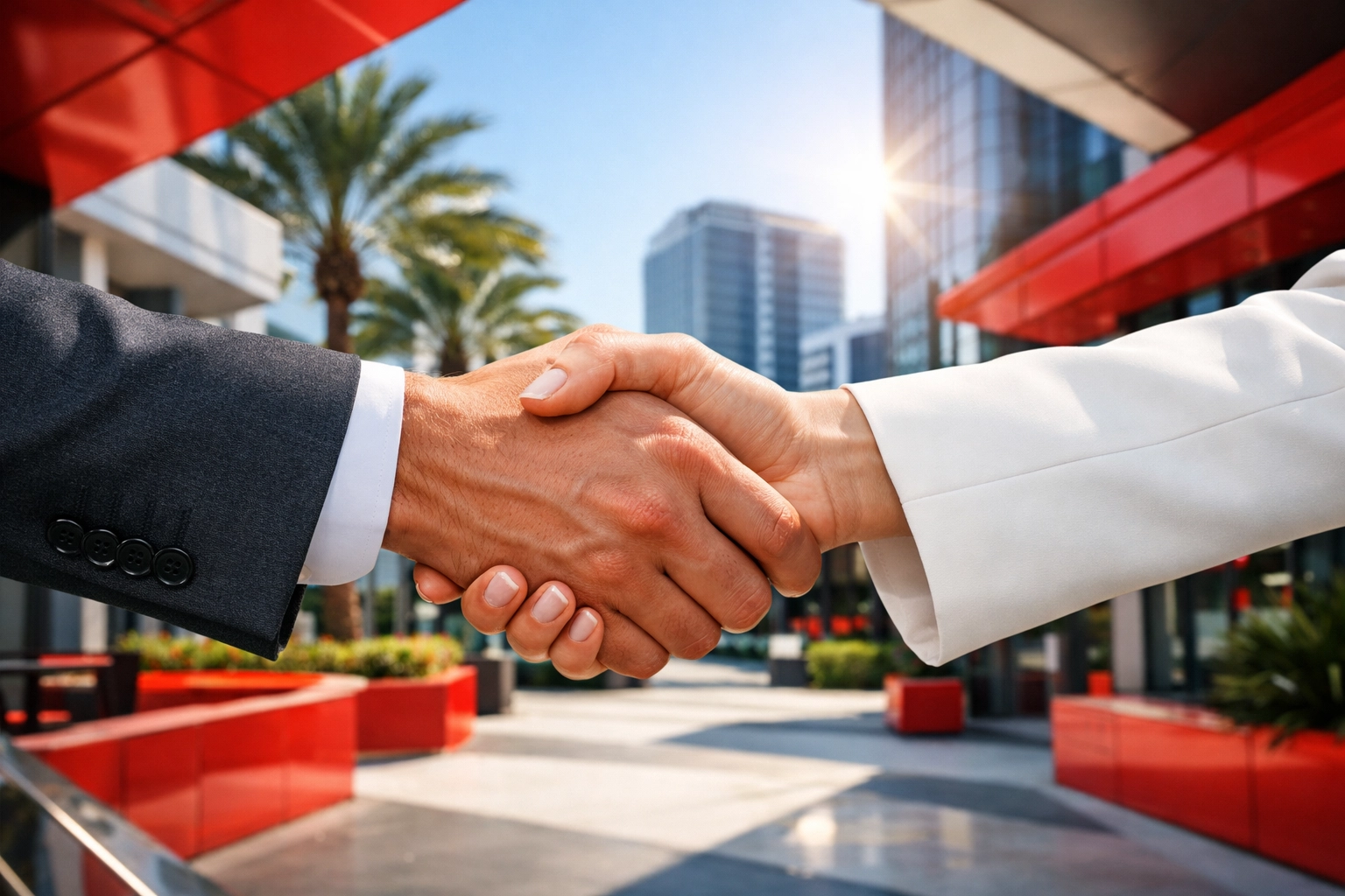 Business owners shaking hands in Tampa after a successful sale with a professional business broker.