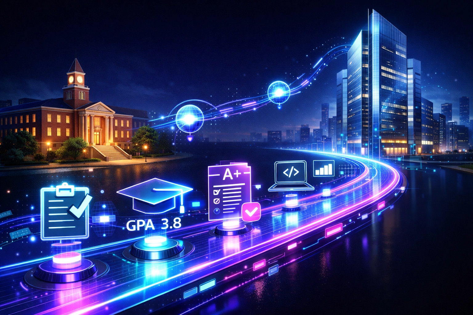 AI-powered career pathway connecting campus to corporate career with digital assessment tools