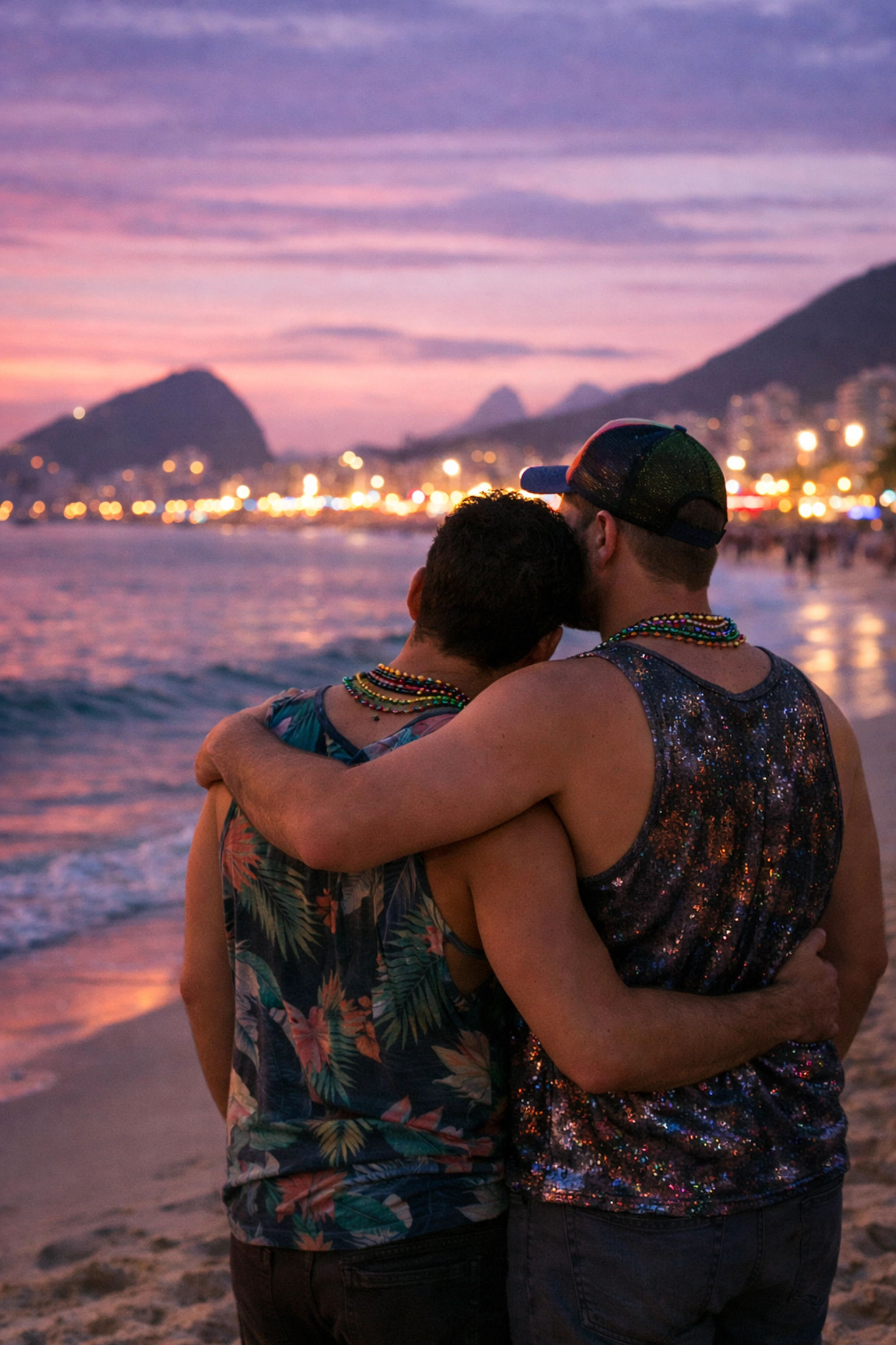 Gay romance at Copacabana beach during Rio Carnival with ocean sunset backdrop