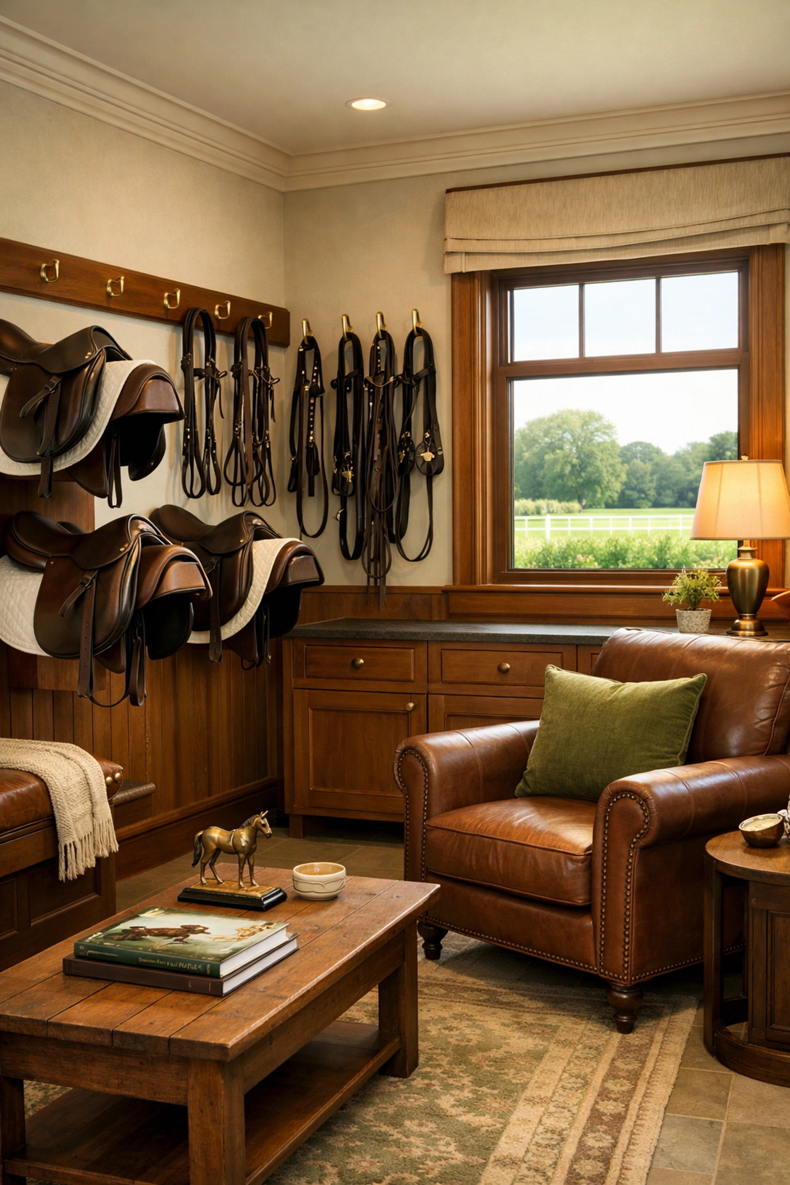 Elegant climate-controlled tack room with organized saddle storage in Charlotte horse farm