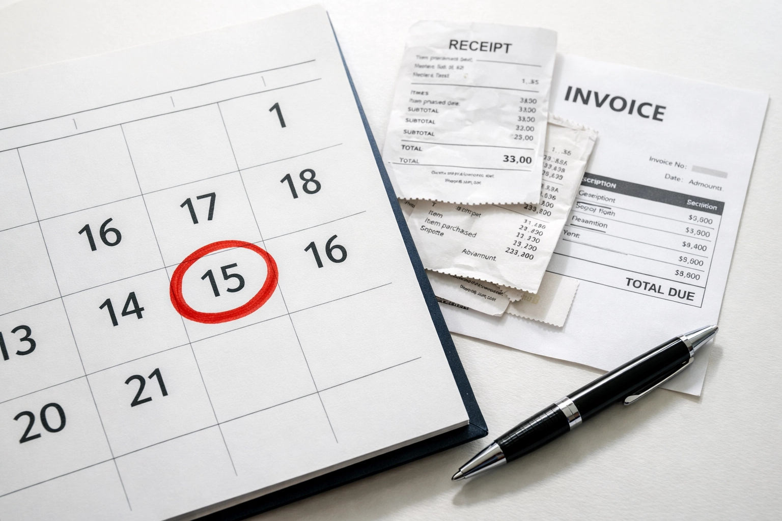 Calendar and business receipts showing retroactive financing eligibility