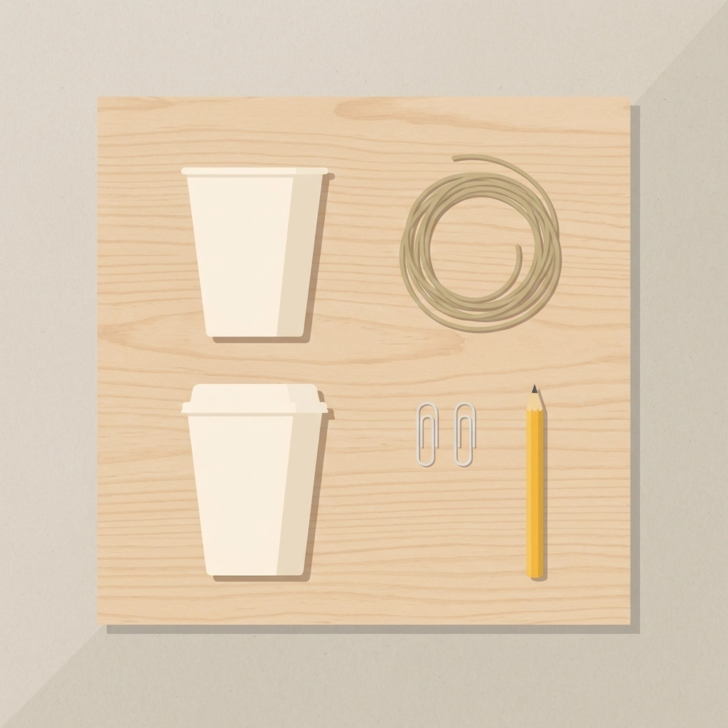 DIY string-phone materials for kids including paper cups, twine, paper clips, and a pencil arranged on a table