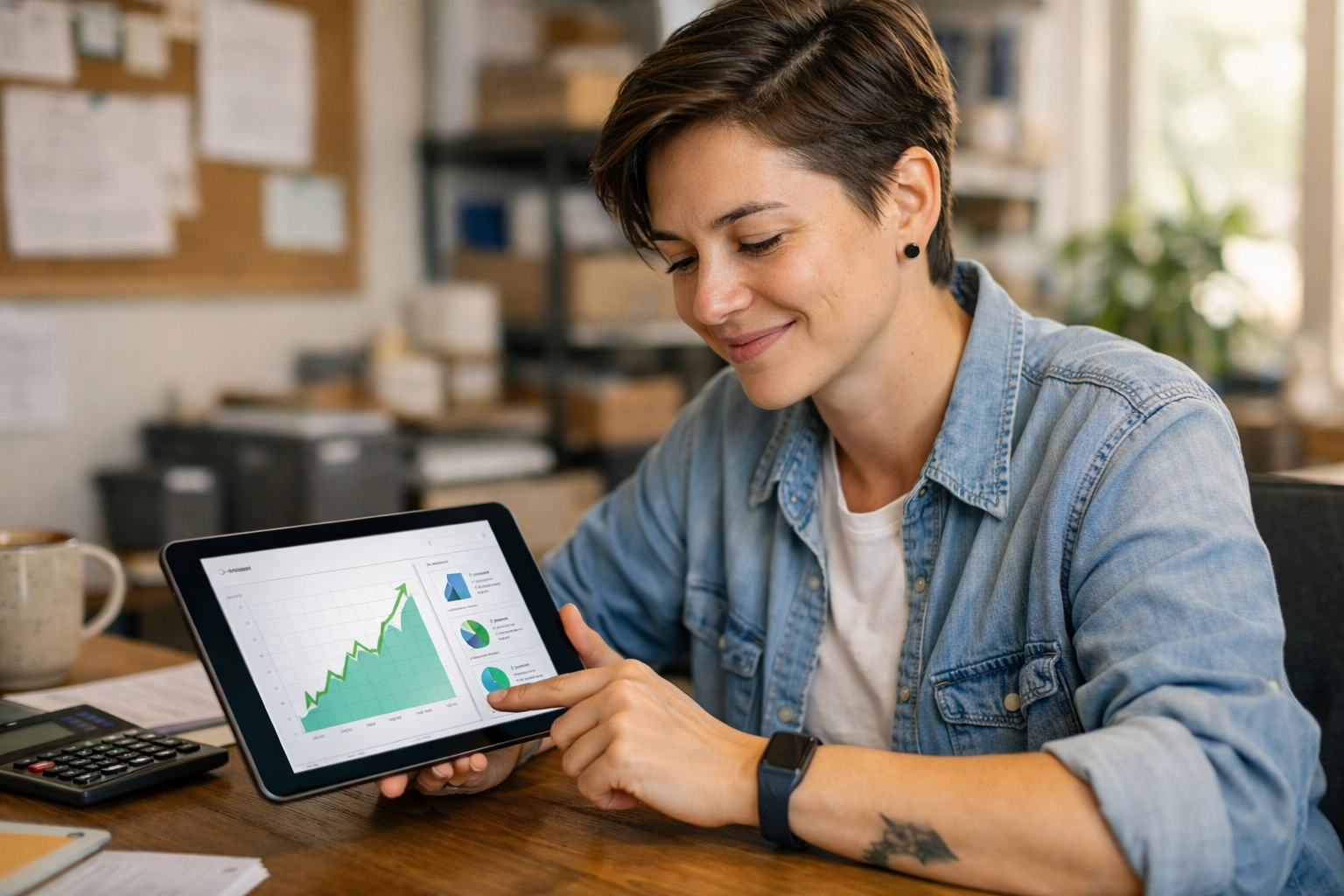 Small business owner reviewing positive financial growth data on a tablet.