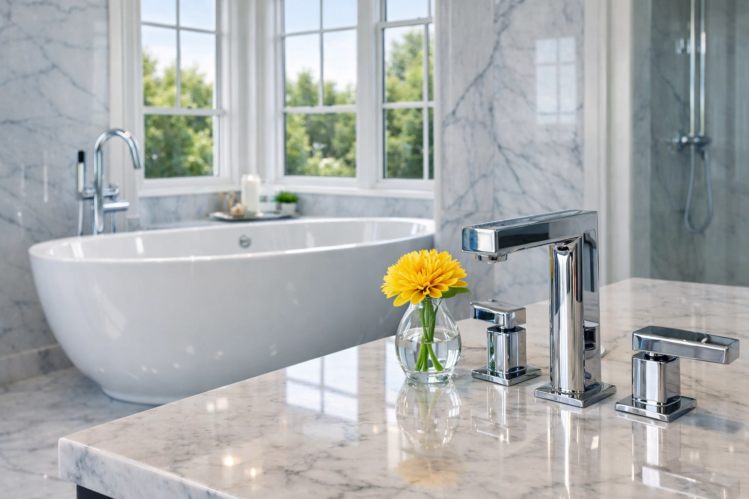 Deep cleaned luxury bathroom in Hopkinton with marble walls from a reliable house cleaning service.