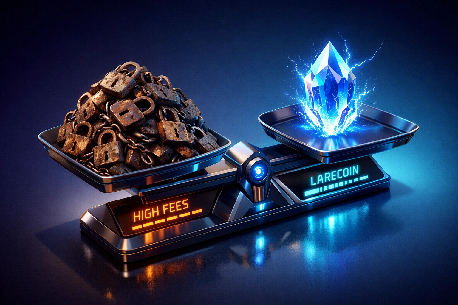 Futuristic scale comparing heavy old payment fees to the lightweight, efficient Larecoin crypto ecosystem.