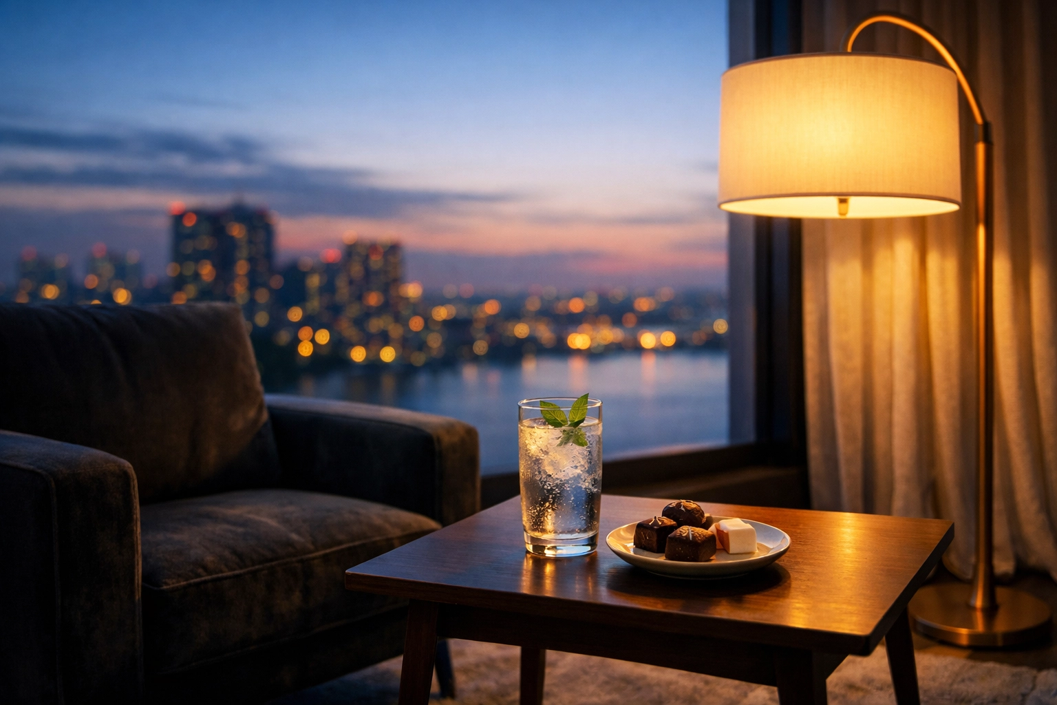 Luxury hotel suite with custom welcome amenities showcasing automated personalized guest rewards.