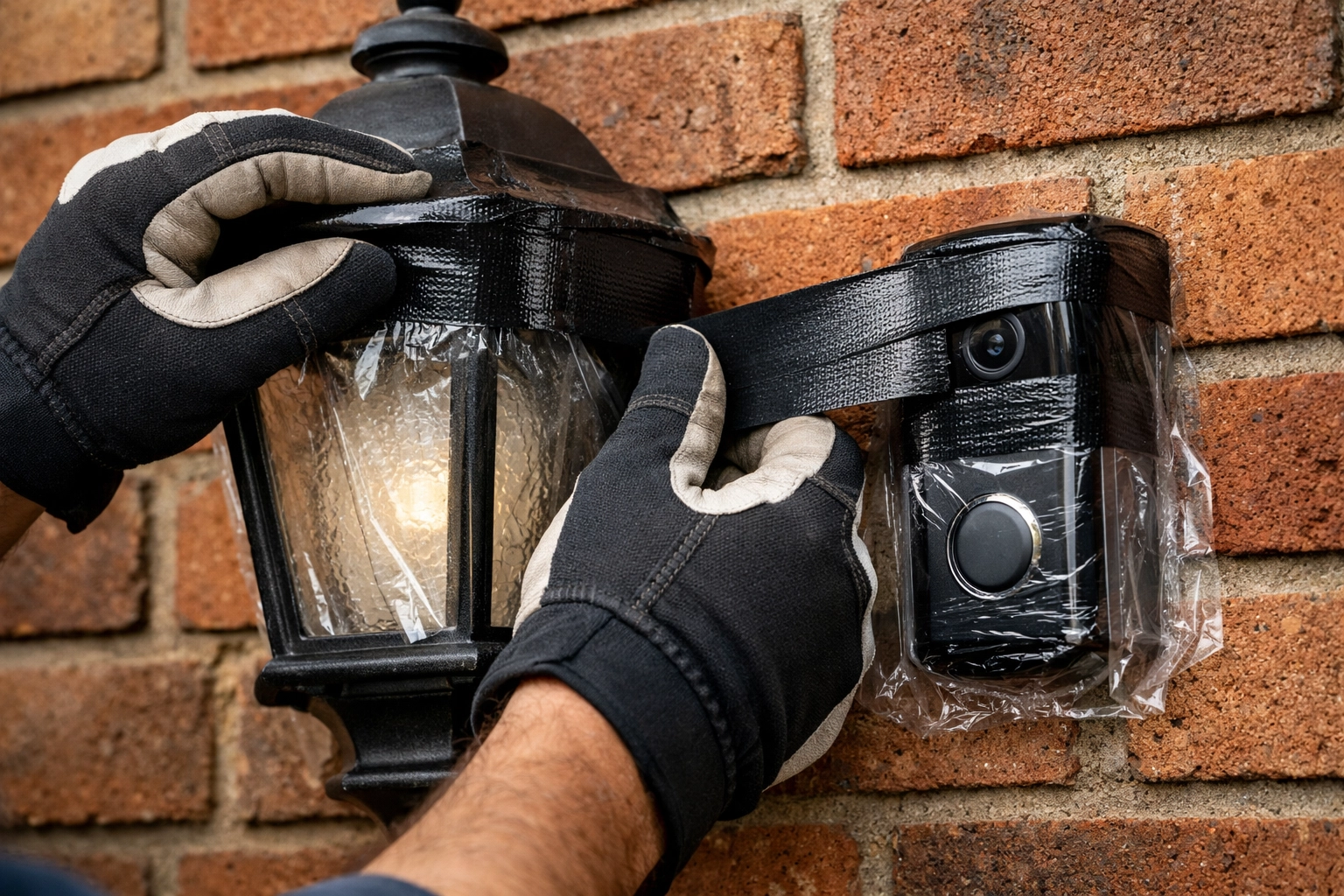 Exterior cleaning professional taping outdoor electronics to protect property during house wash.