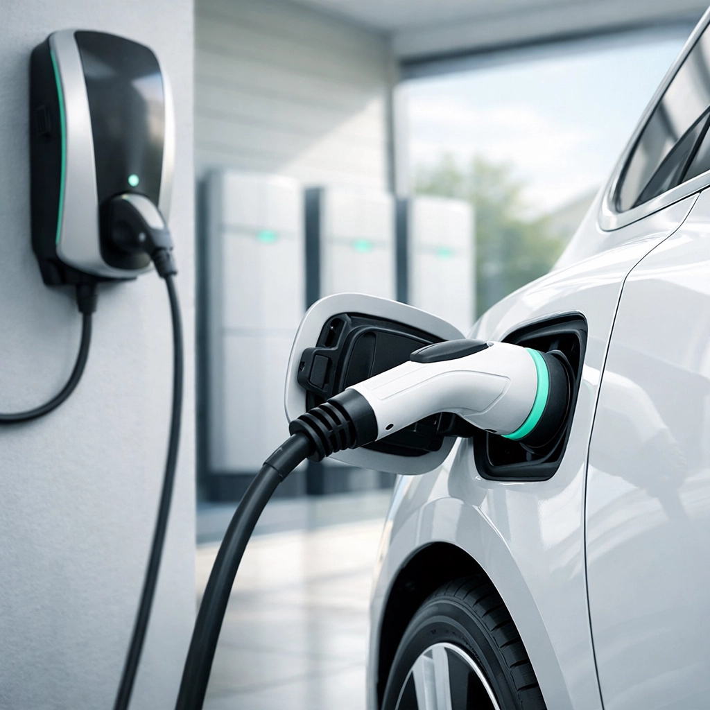 Electric vehicle charging at a home station integrated with a smart solar energy storage system.