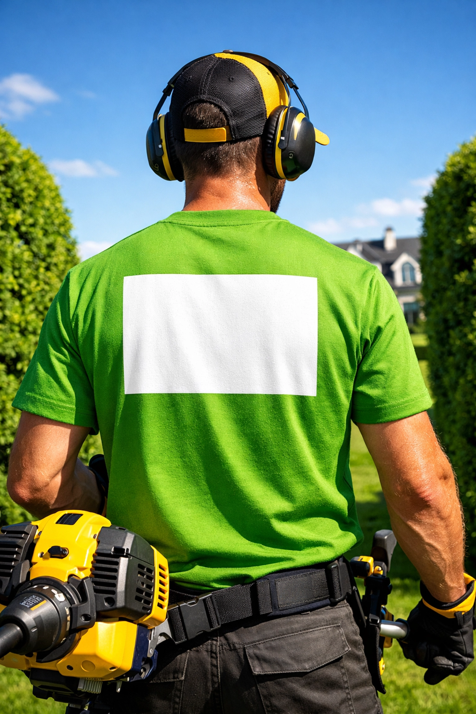 Lawn care professional wearing a branded custom t-shirt that acts as a mobile billboard.