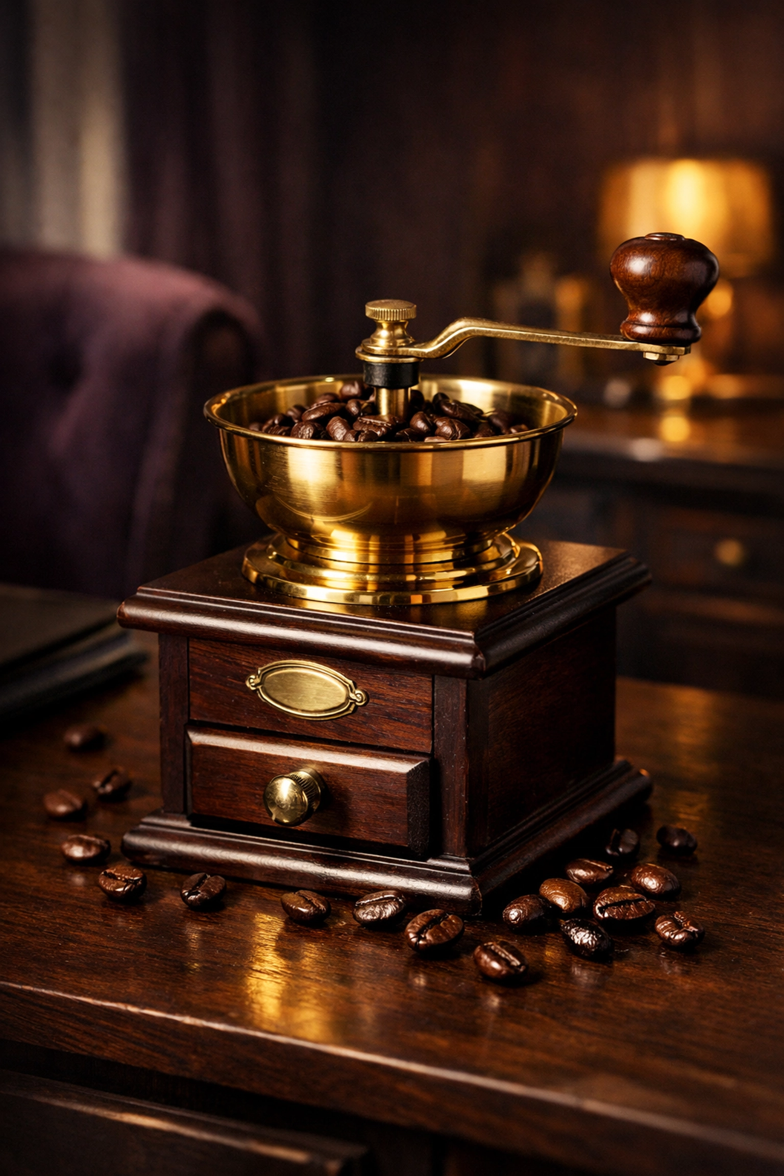 The Ritual of the Home Office Cafe: Elevating Your Work-Day Flow Close-up of a brass manual grinder and premium coffee beans on a wooden desk in a luxury home office cafe.