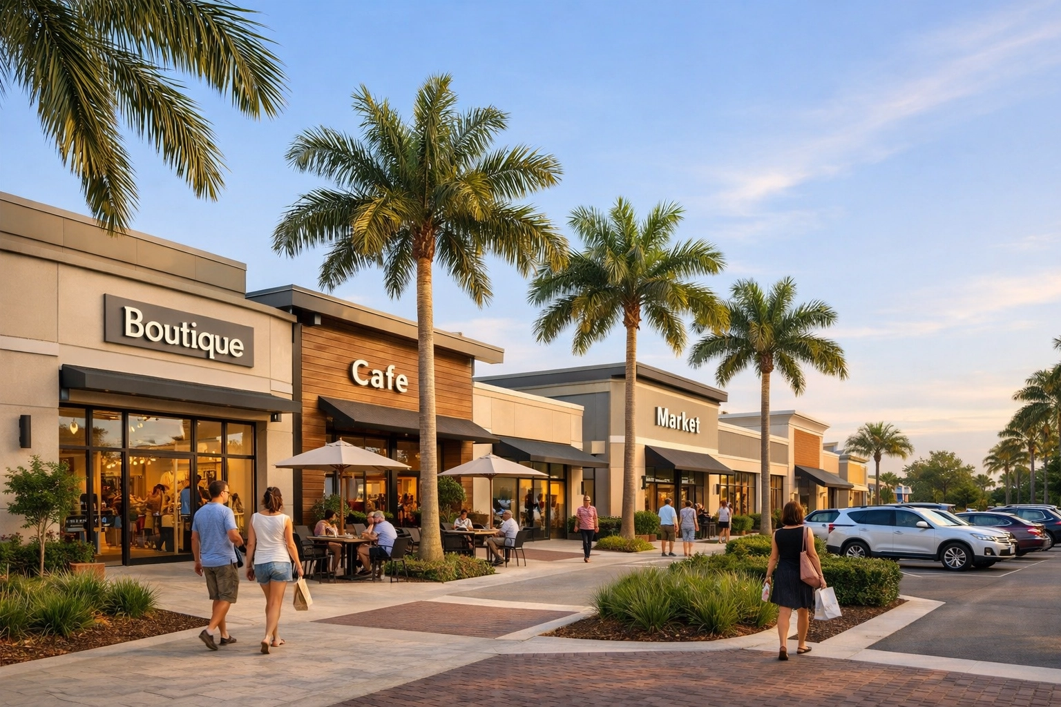 Contemporary mixed-use retail development in Florida with palm trees and commercial storefronts