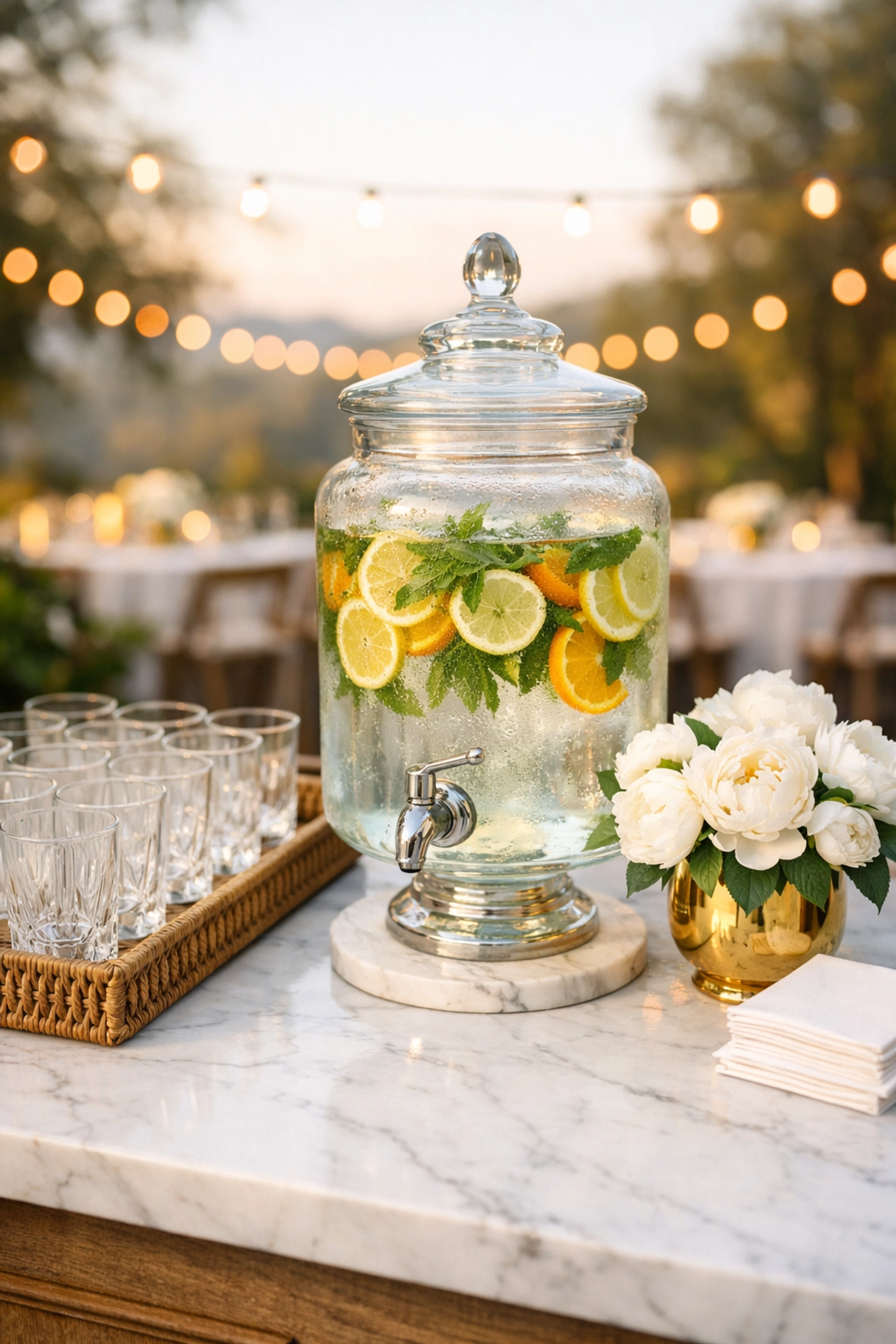 Elegant guest refreshment station at a New Jersey wedding venue ensuring comfort and attention to detail.