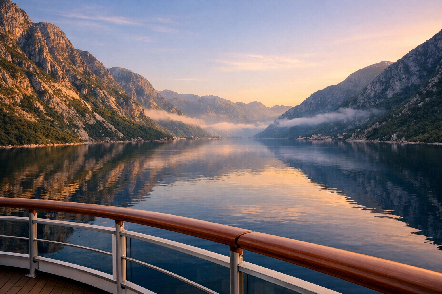Dawn view of the Bay of Kotor mountains from a luxury cruise ship balcony in Montenegro.