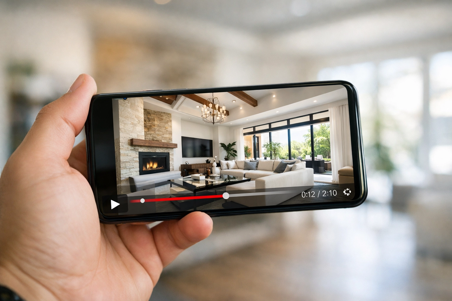 Smartphone displaying a professional real estate marketing video created with AI social marketing tools.