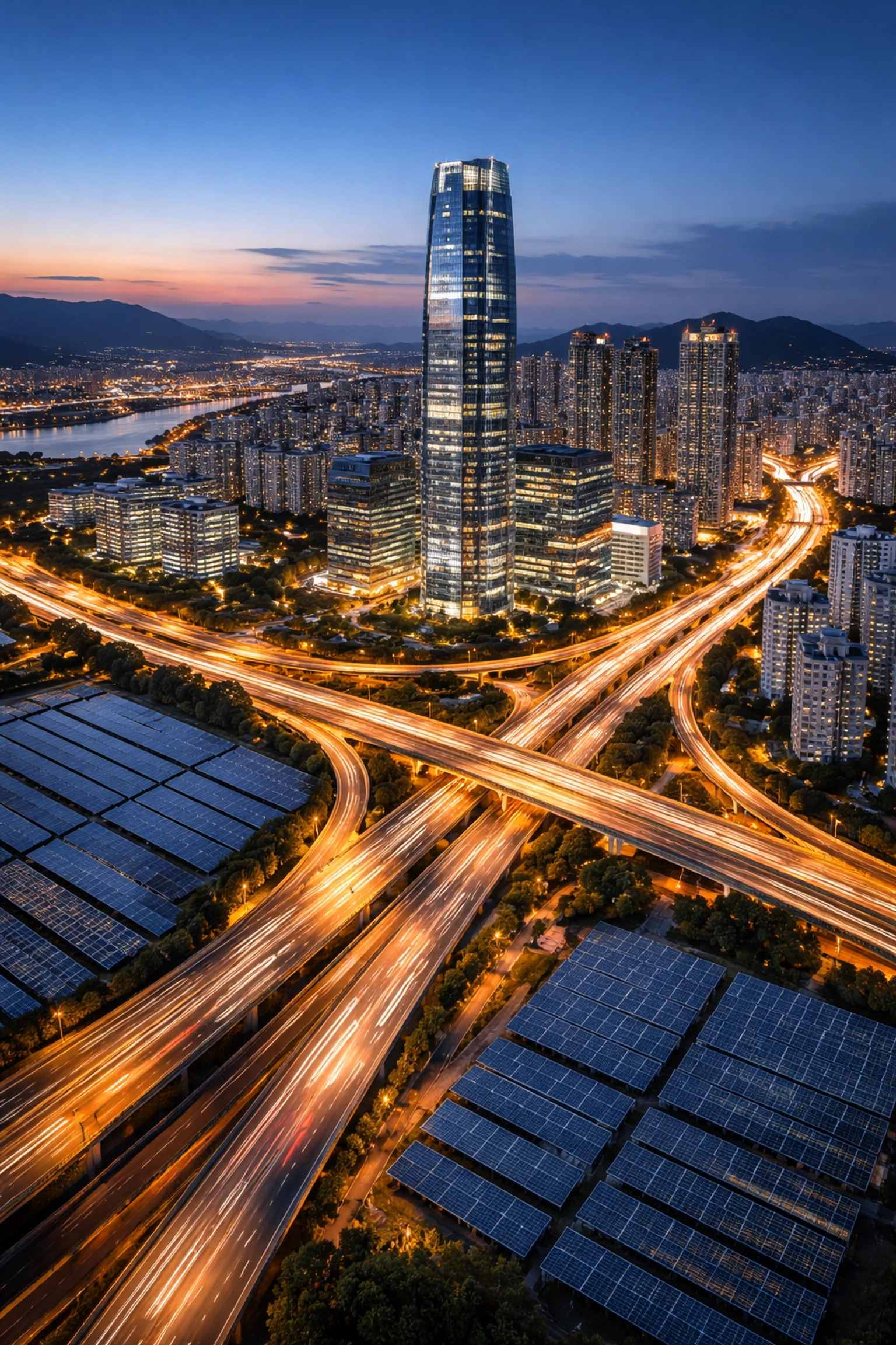 Aerial cityscape at twilight with modern infrastructure, illustrating alternative investments like real estate and utilities.