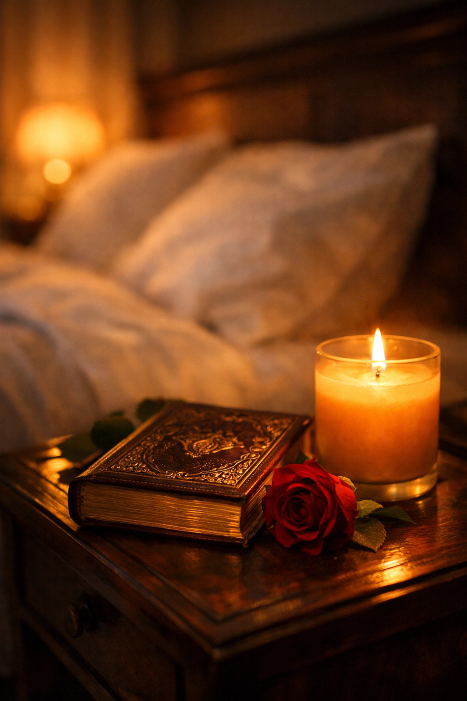 Romantic bedside setup with a candle, rose, and storybook to inspire intimacy on your first night together.