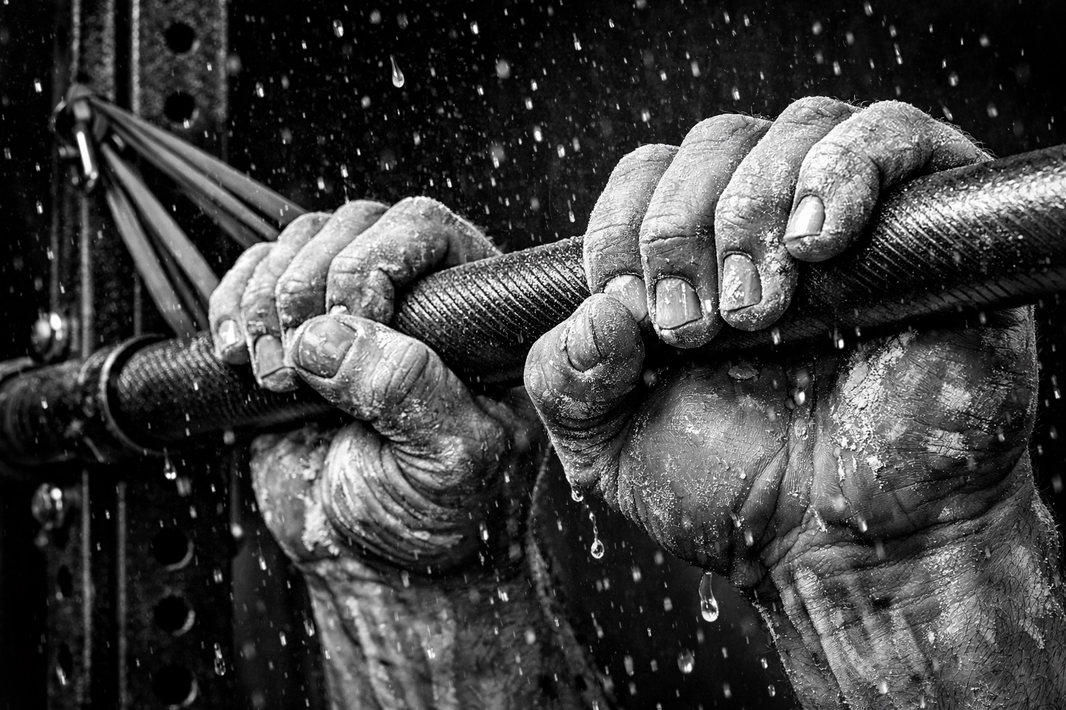 Chalked hands on a heavy-duty pull up bar for intense resistance training in a home gym setup.