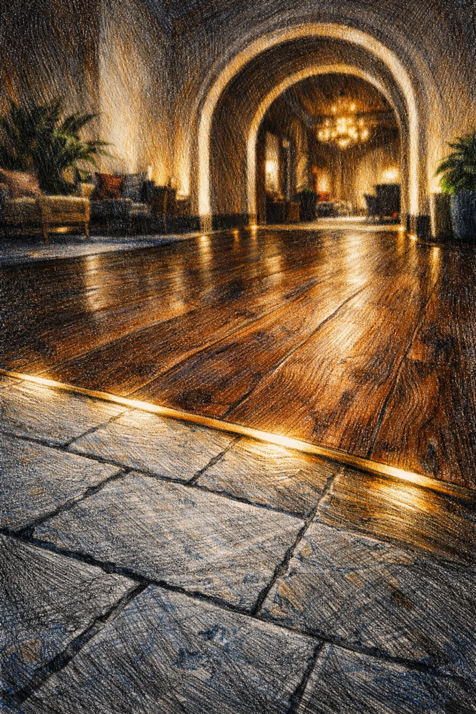 Sustainable grey limestone and reclaimed walnut flooring with recessed lighting in a luxury hotel transition zone.