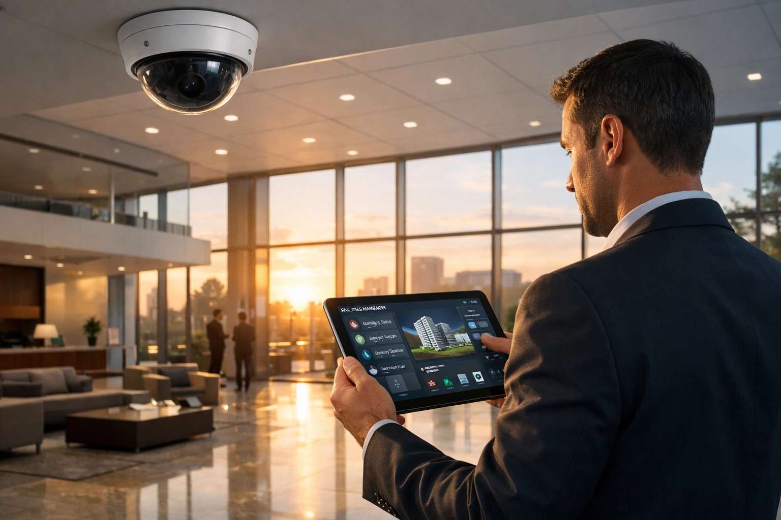 Facilities manager using tablet for integrated building security and maintenance in a corporate lobby.