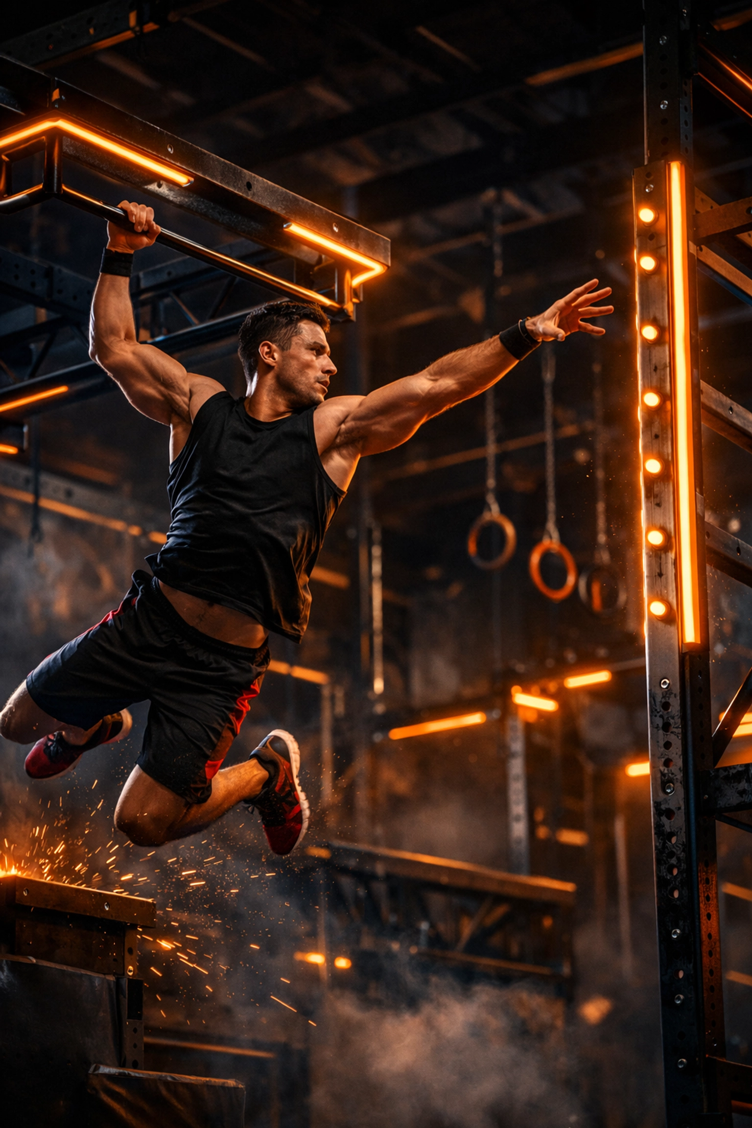 Ninja Warrior athlete training dynamic movements on an advanced home gym calisthenics system.