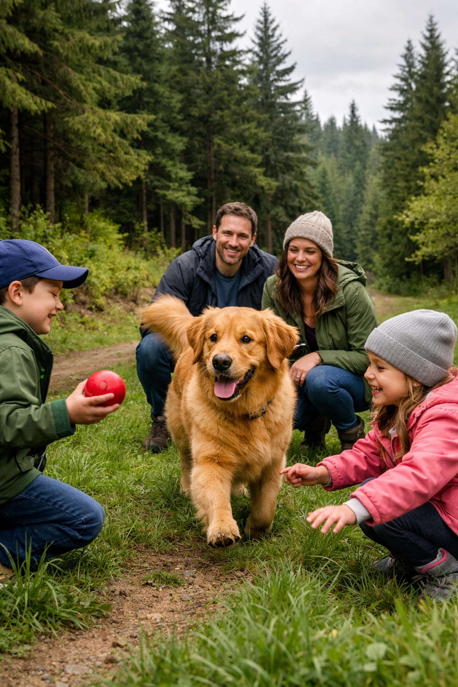 Golden Retriever puppy playing with family in Pacific Northwest Oregon outdoor setting