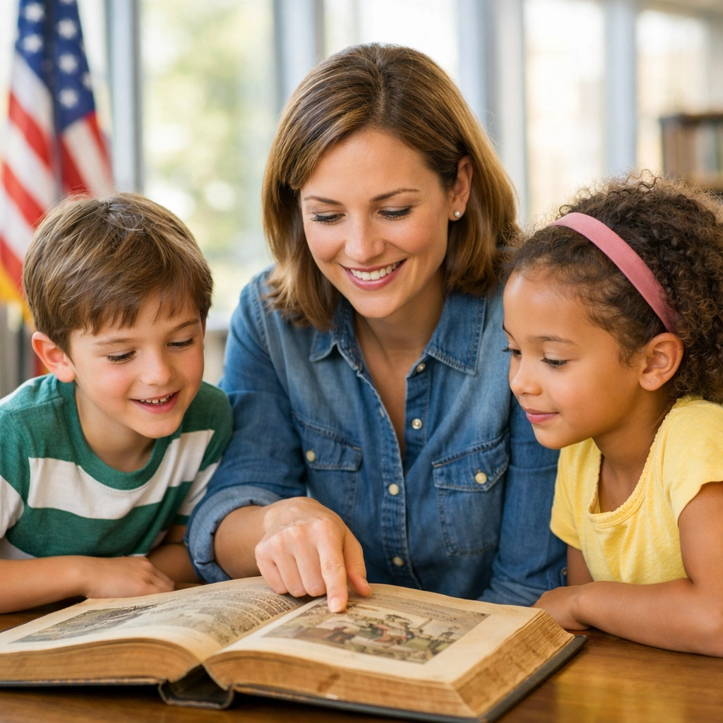 Teacher and elementary students studying civic education and Pledge of Allegiance history in a school library.