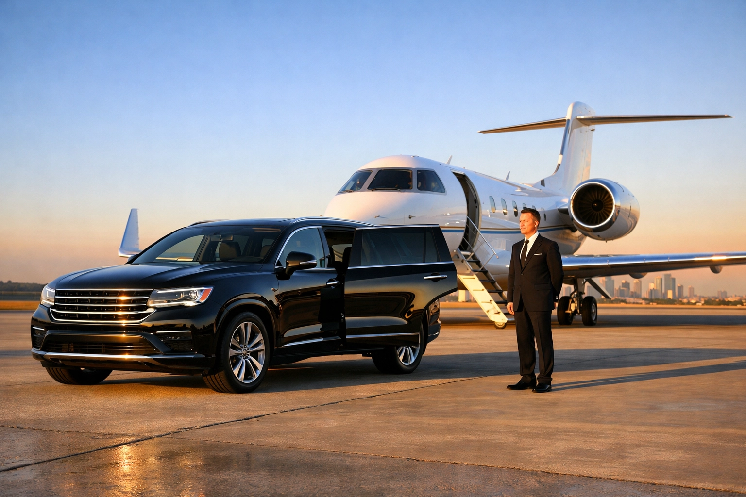 Executive luxury SUV and private jet arrival for Super Bowl corporate travel logistics.