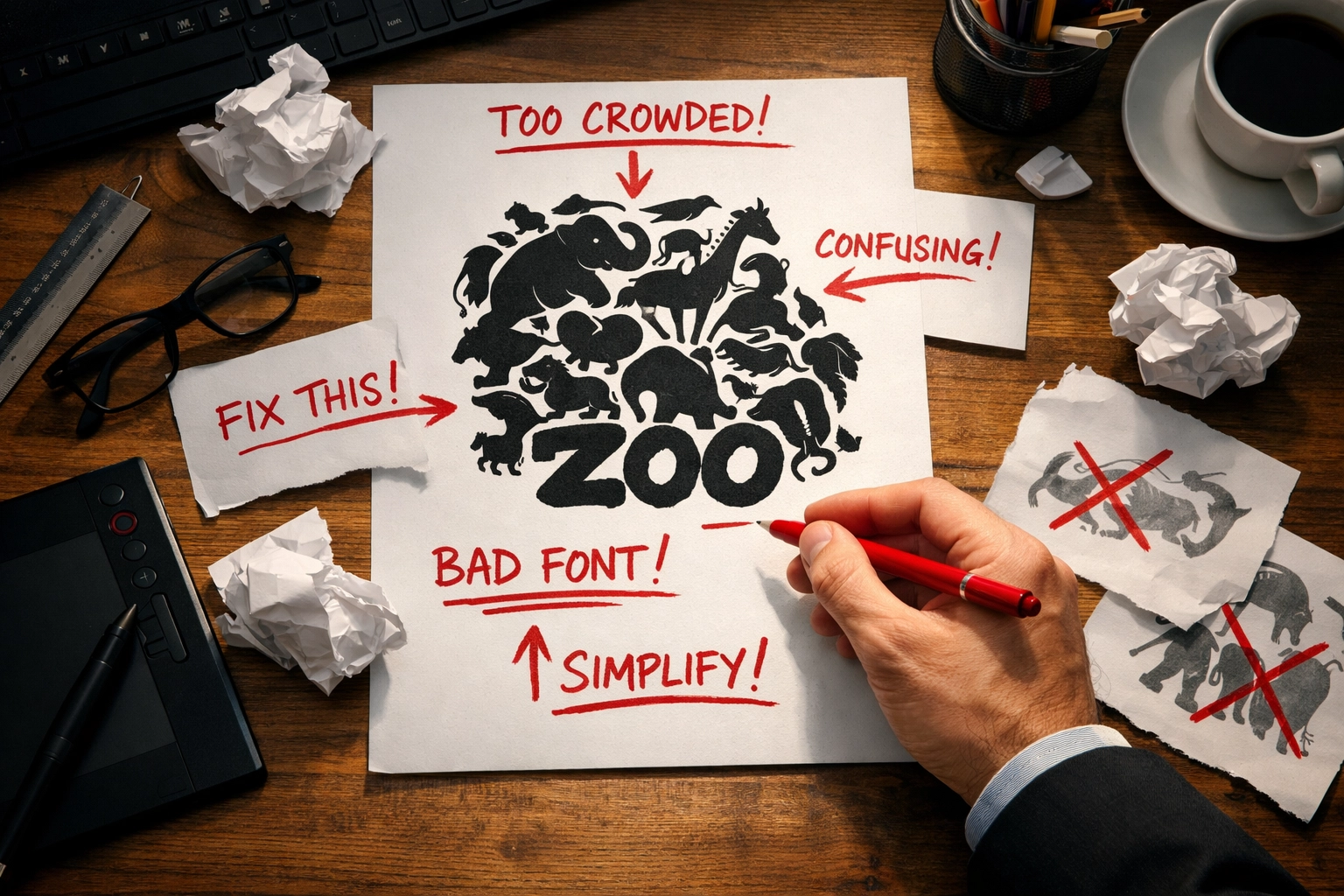 Creative director reviewing cluttered zoo logo design with multiple animals and marking corrections