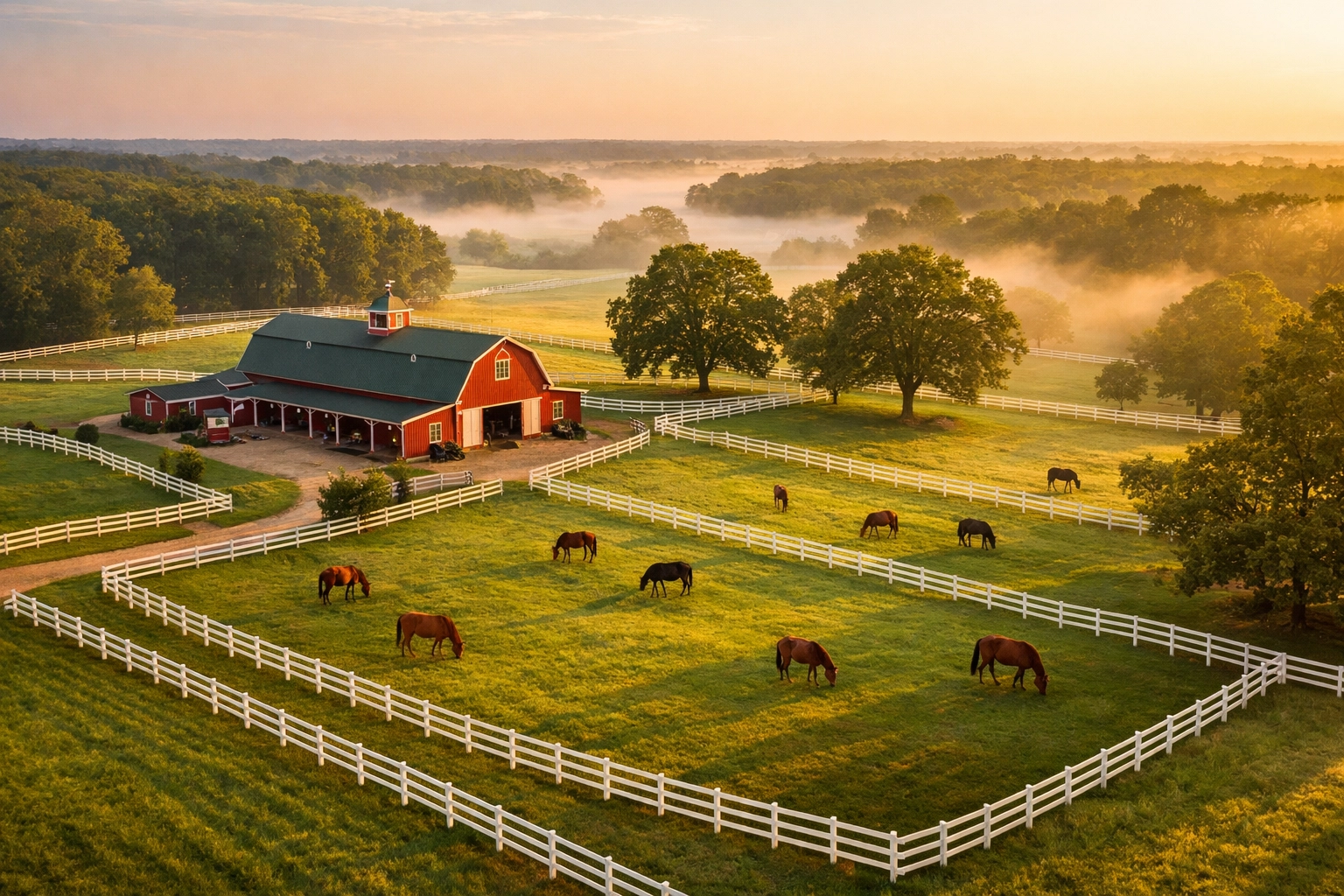 Aerial view of horse farm for sale in Waxhaw NC with pastures, white fencing, and red barn