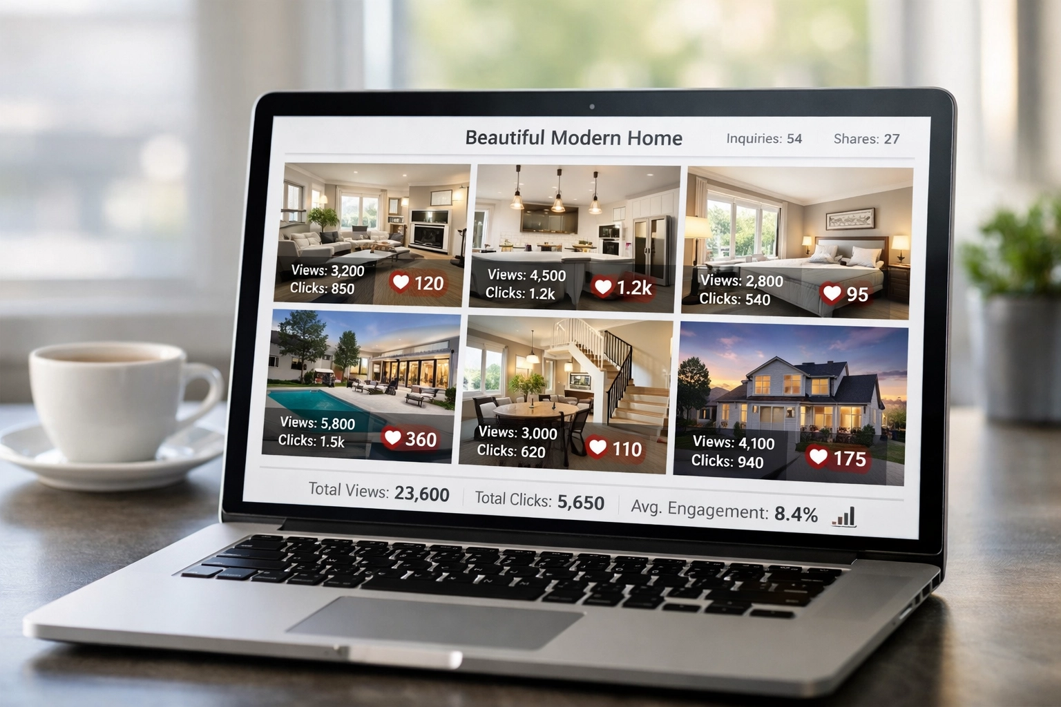 Real estate agent reviewing virtually staged listing photos with engagement metrics on laptop