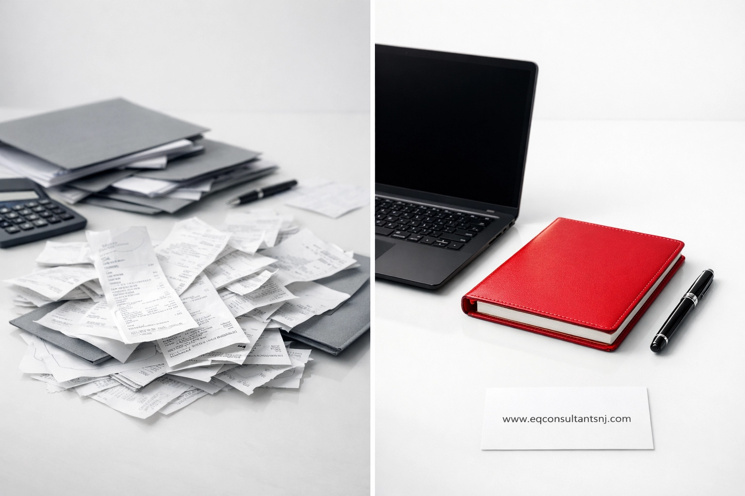 Comparison of messy financial records and an organized workspace showing professional bookkeeping cleanup services NJ.