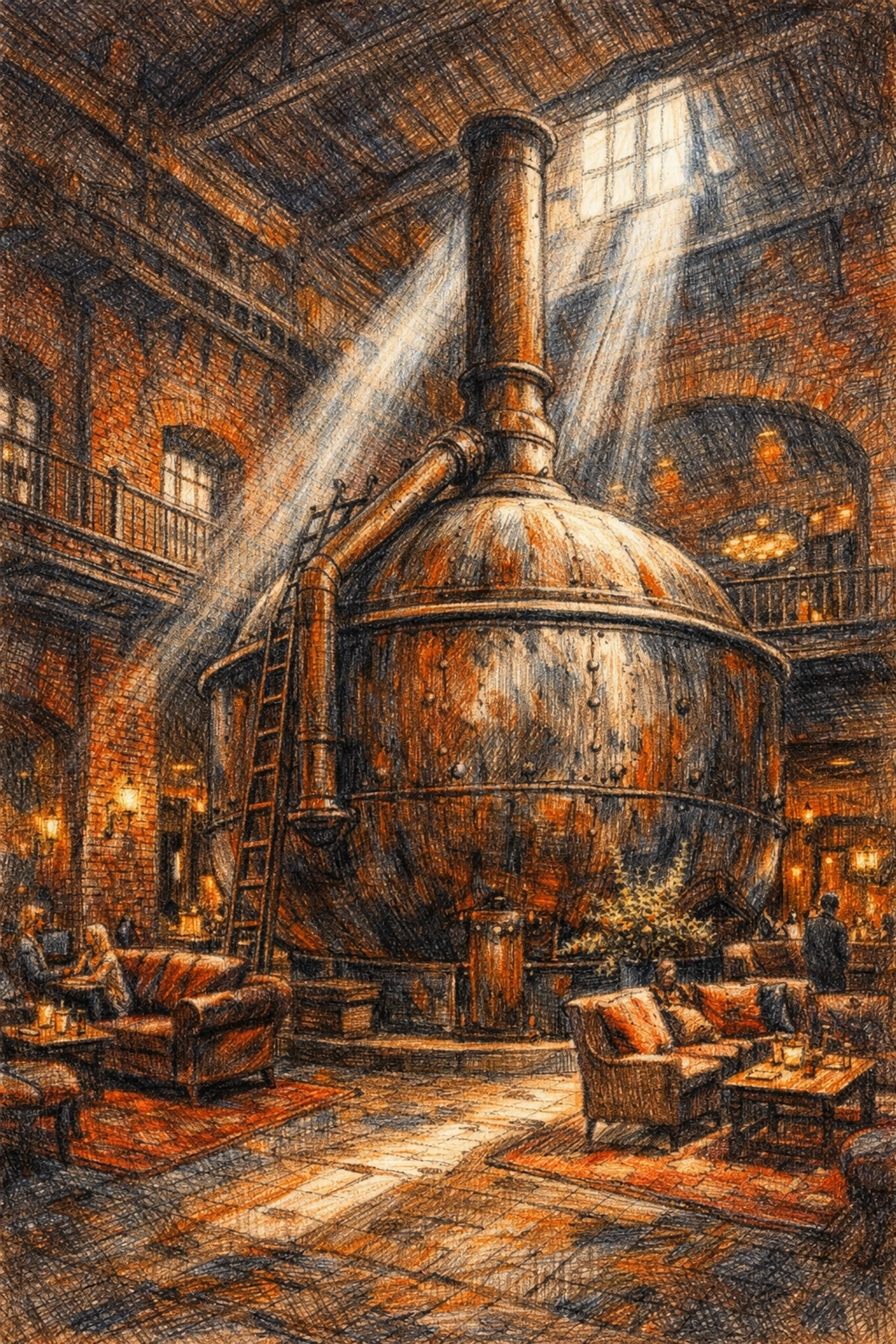 Industrial boutique hotel interior design with a historic brewing tank and rustic brick walls.